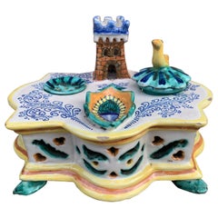 Italian Provincial Deruta Hand Painted Allegorical Faience Inkwell