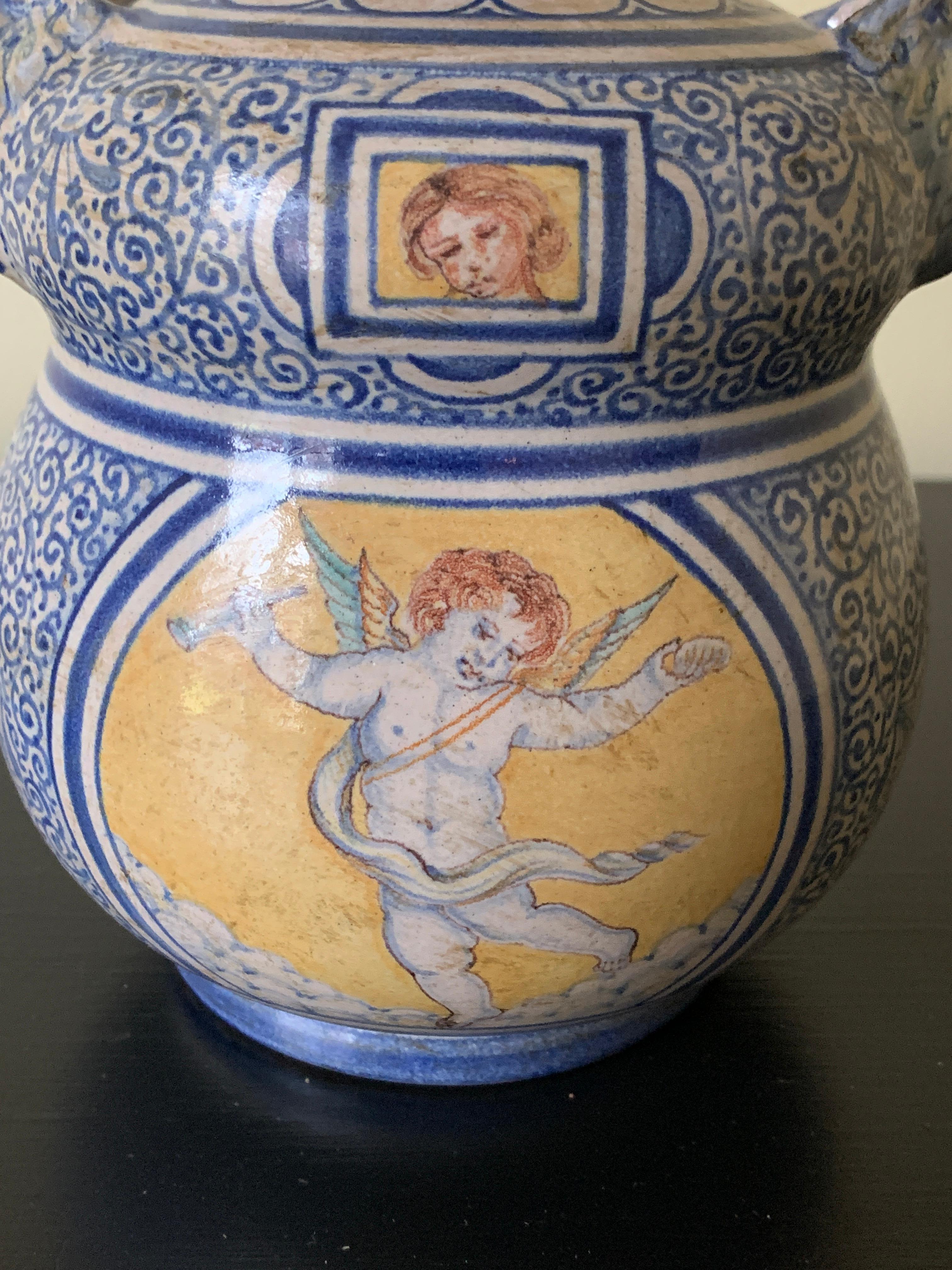 Italian Provincial Deruta Hand Painted Faience Allegorical Pottery Jug Vase For Sale 5