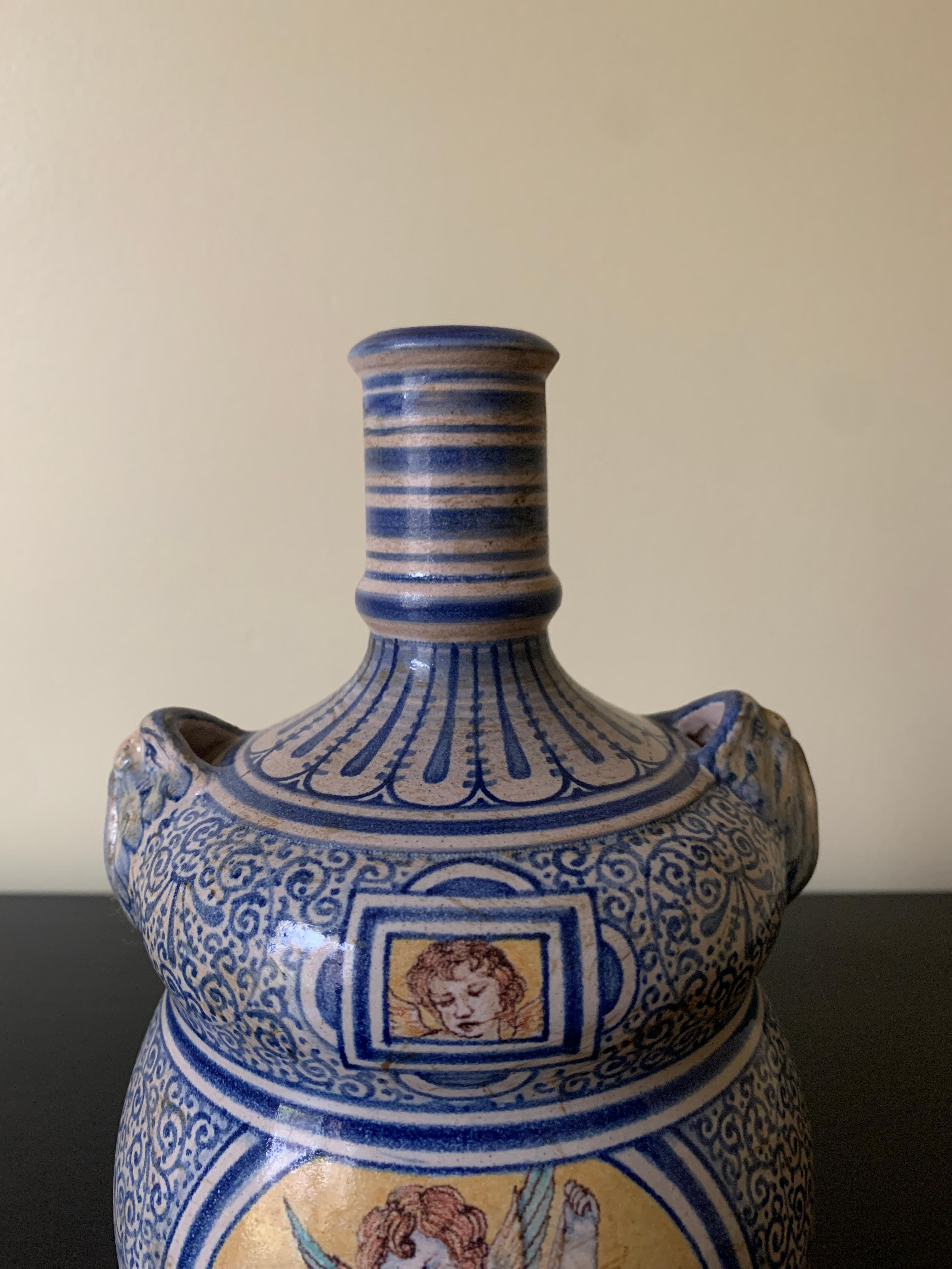 Neoclassical Italian Provincial Deruta Hand Painted Faience Allegorical Pottery Jug Vase For Sale