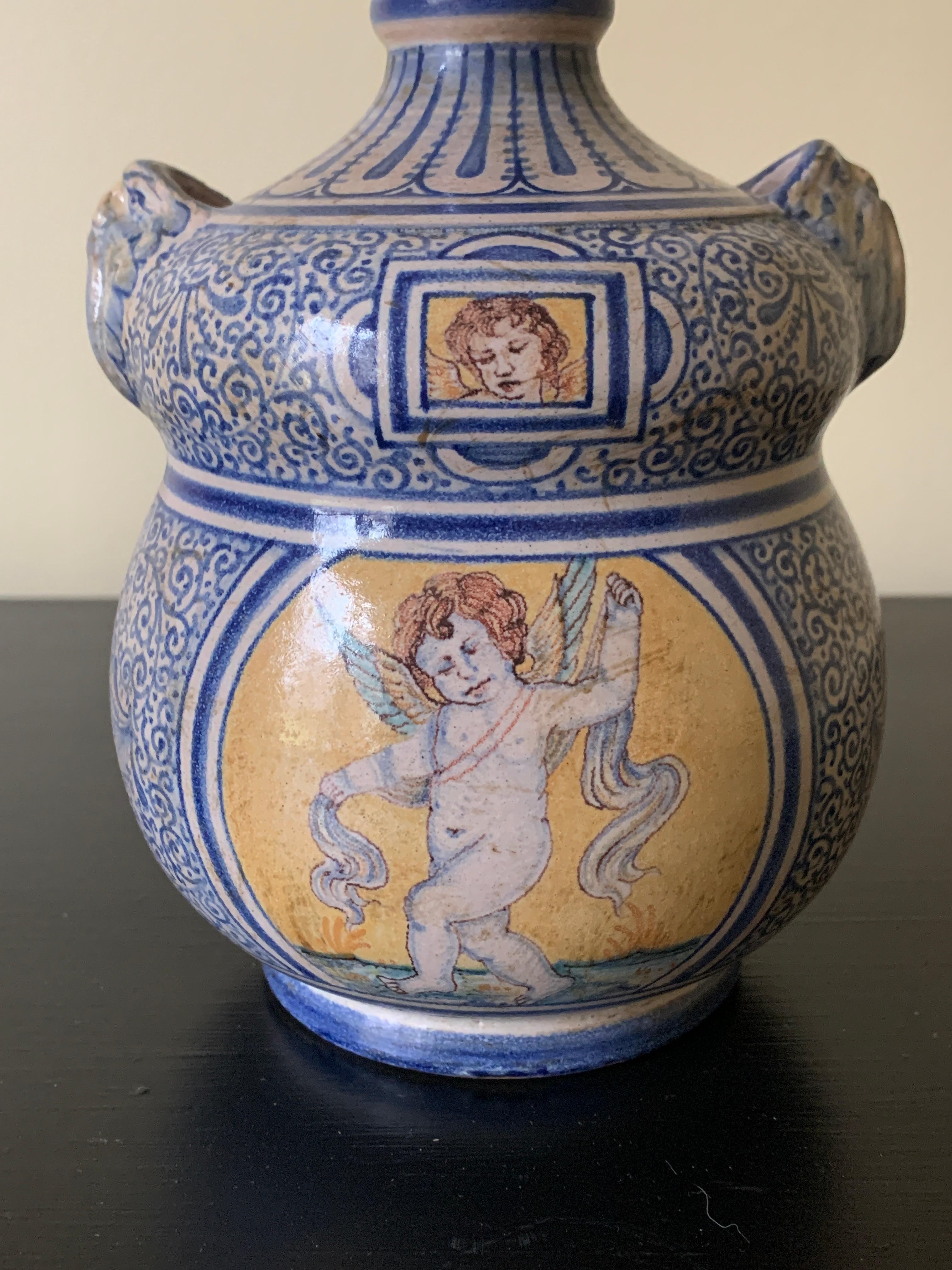 Italian Provincial Deruta Hand Painted Faience Allegorical Pottery Jug Vase In Good Condition For Sale In Elkhart, IN