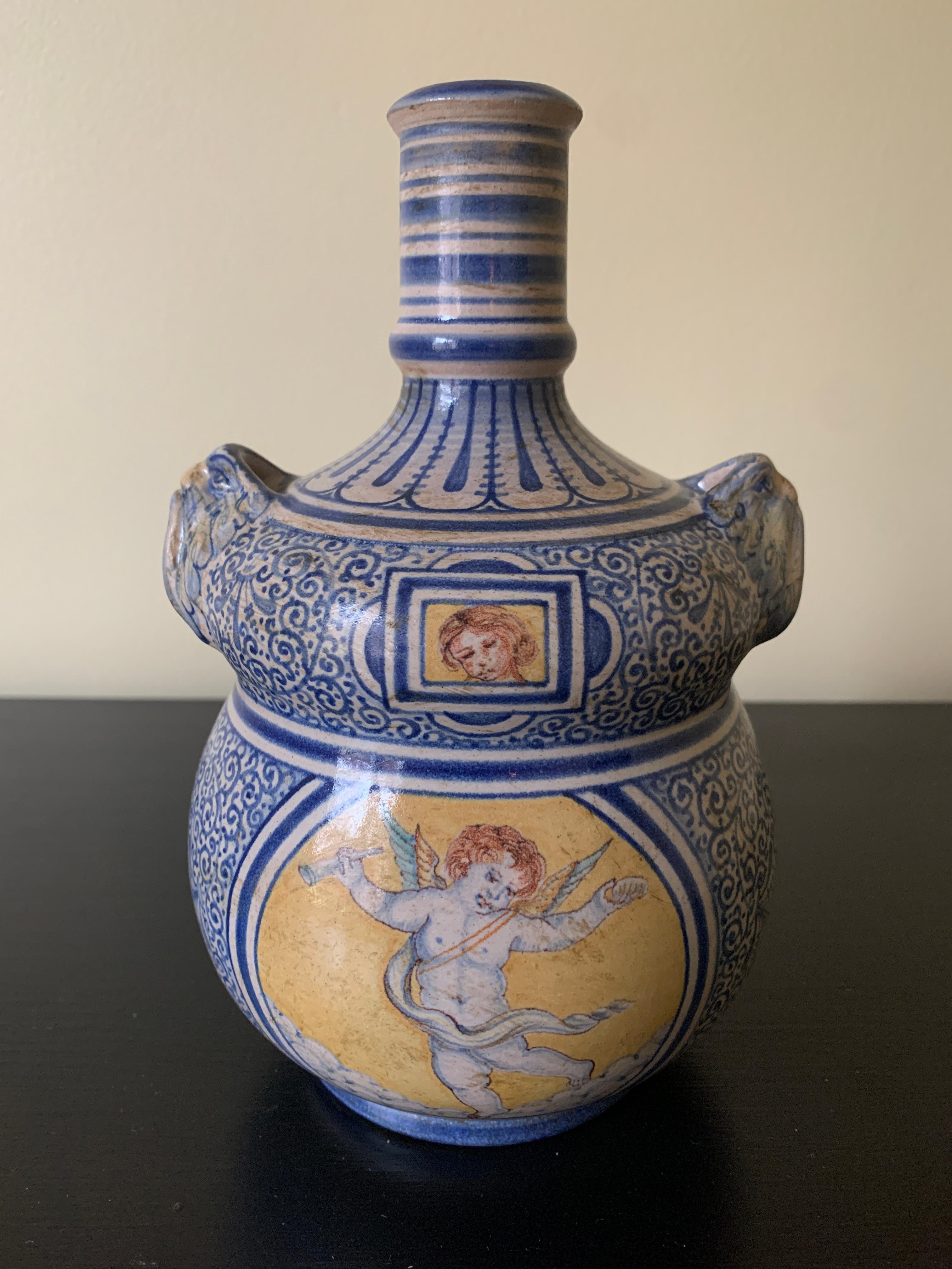 Italian Provincial Deruta Hand Painted Faience Allegorical Pottery Jug Vase For Sale 3