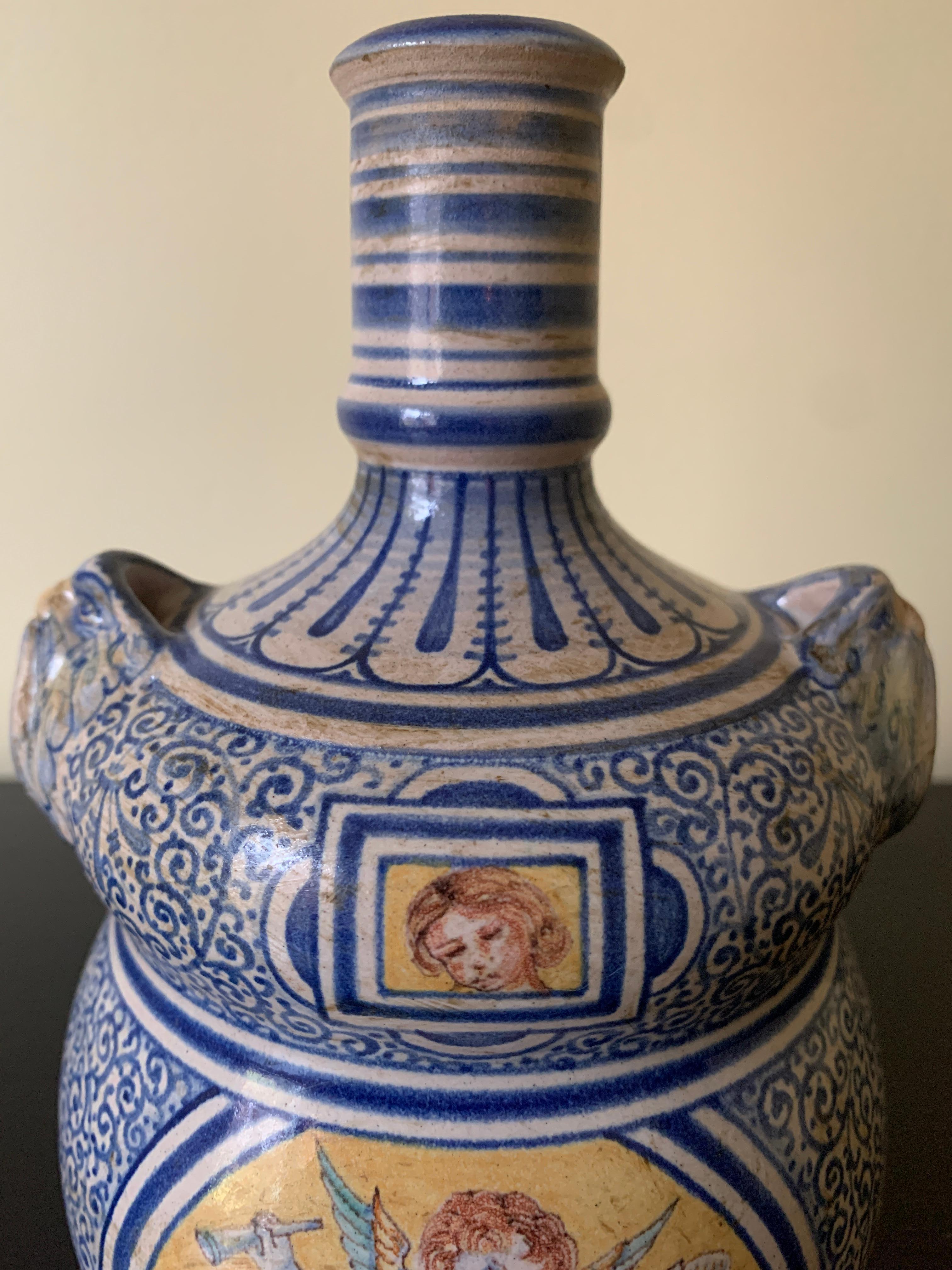 Italian Provincial Deruta Hand Painted Faience Allegorical Pottery Jug Vase For Sale 4