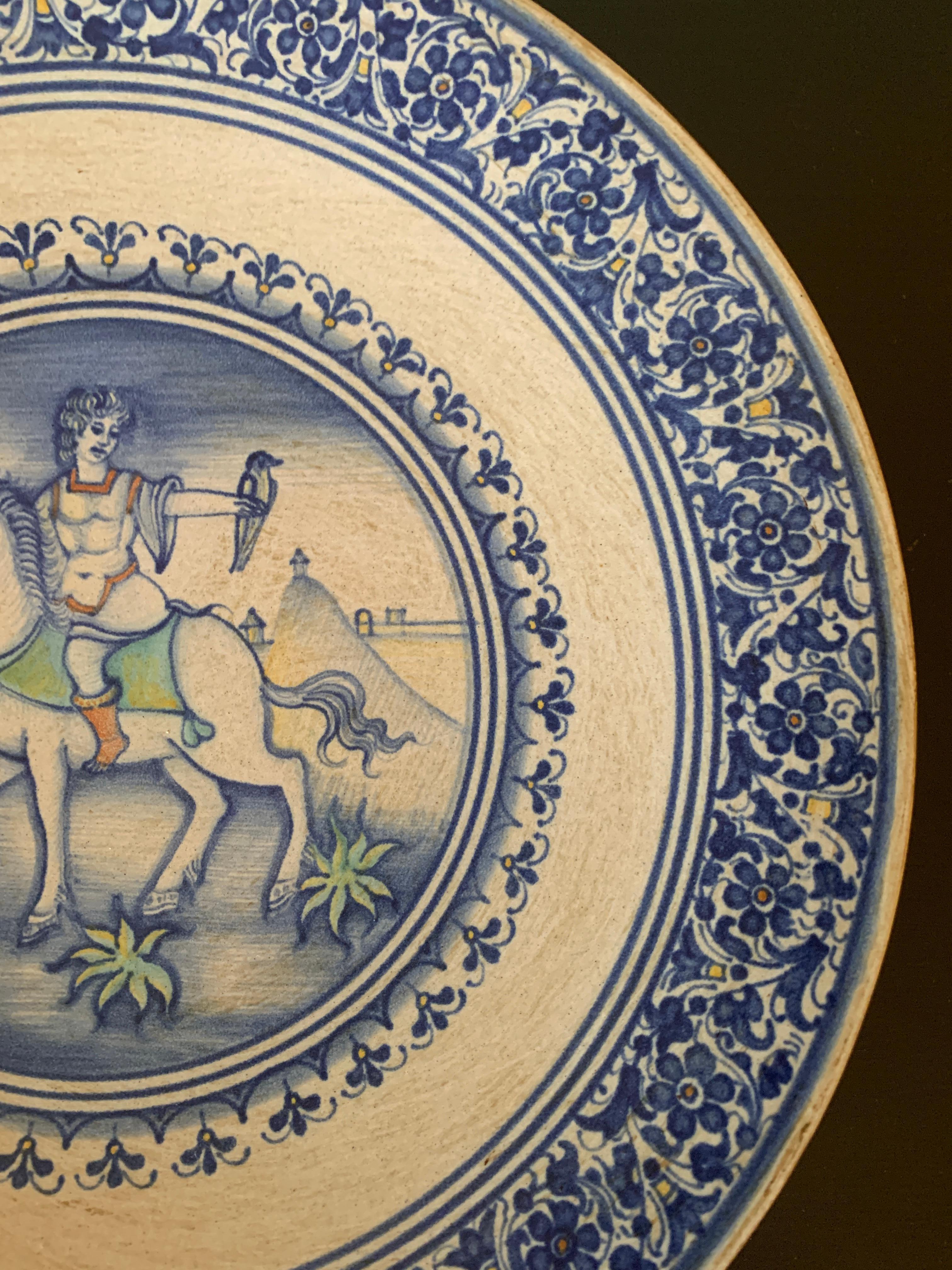 Italian Provincial Deruta Hand Painted Faience Allegorical Pottery Wall Plate In Good Condition For Sale In Elkhart, IN