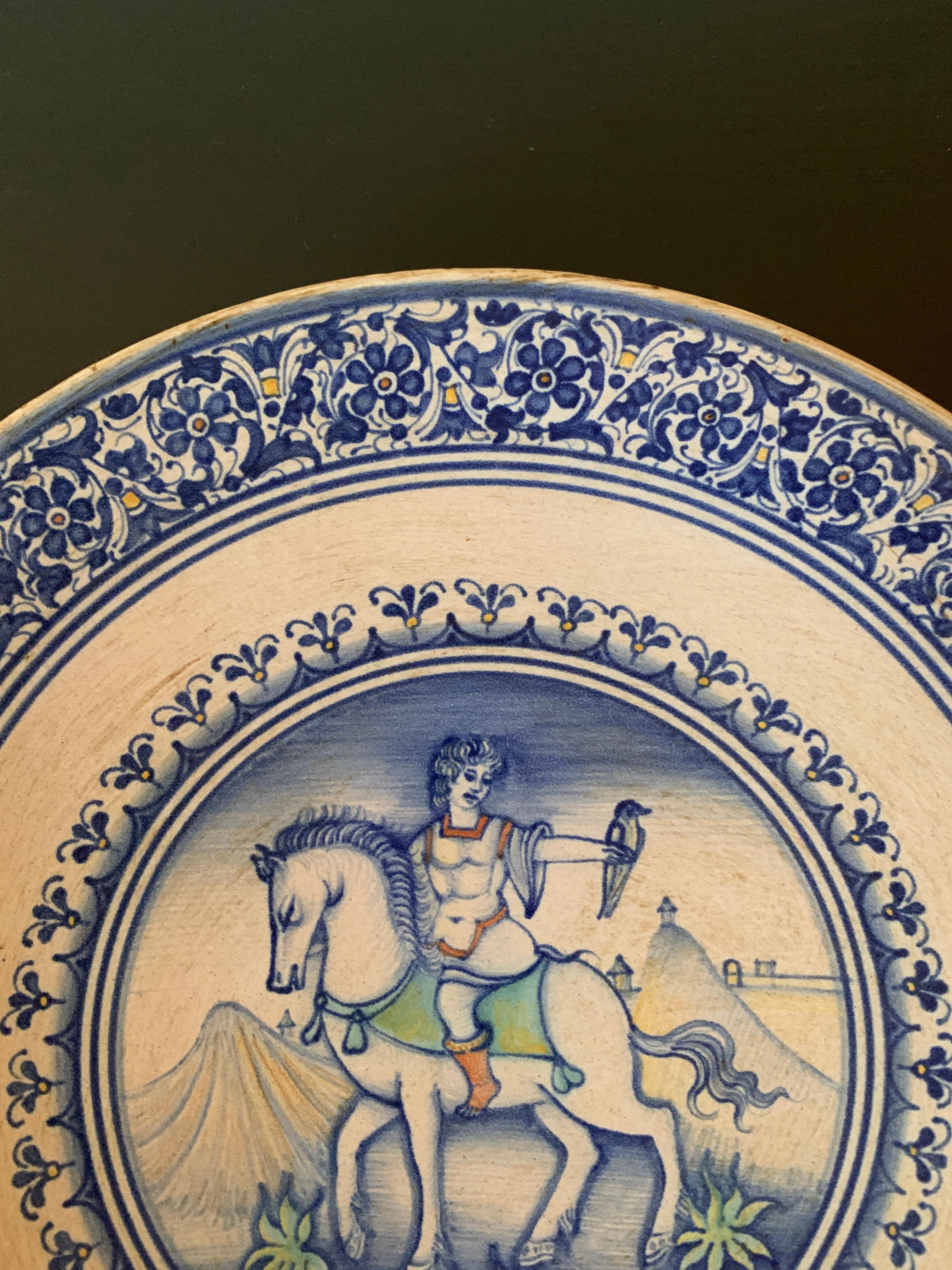 20th Century Italian Provincial Deruta Hand Painted Faience Allegorical Pottery Wall Plate For Sale