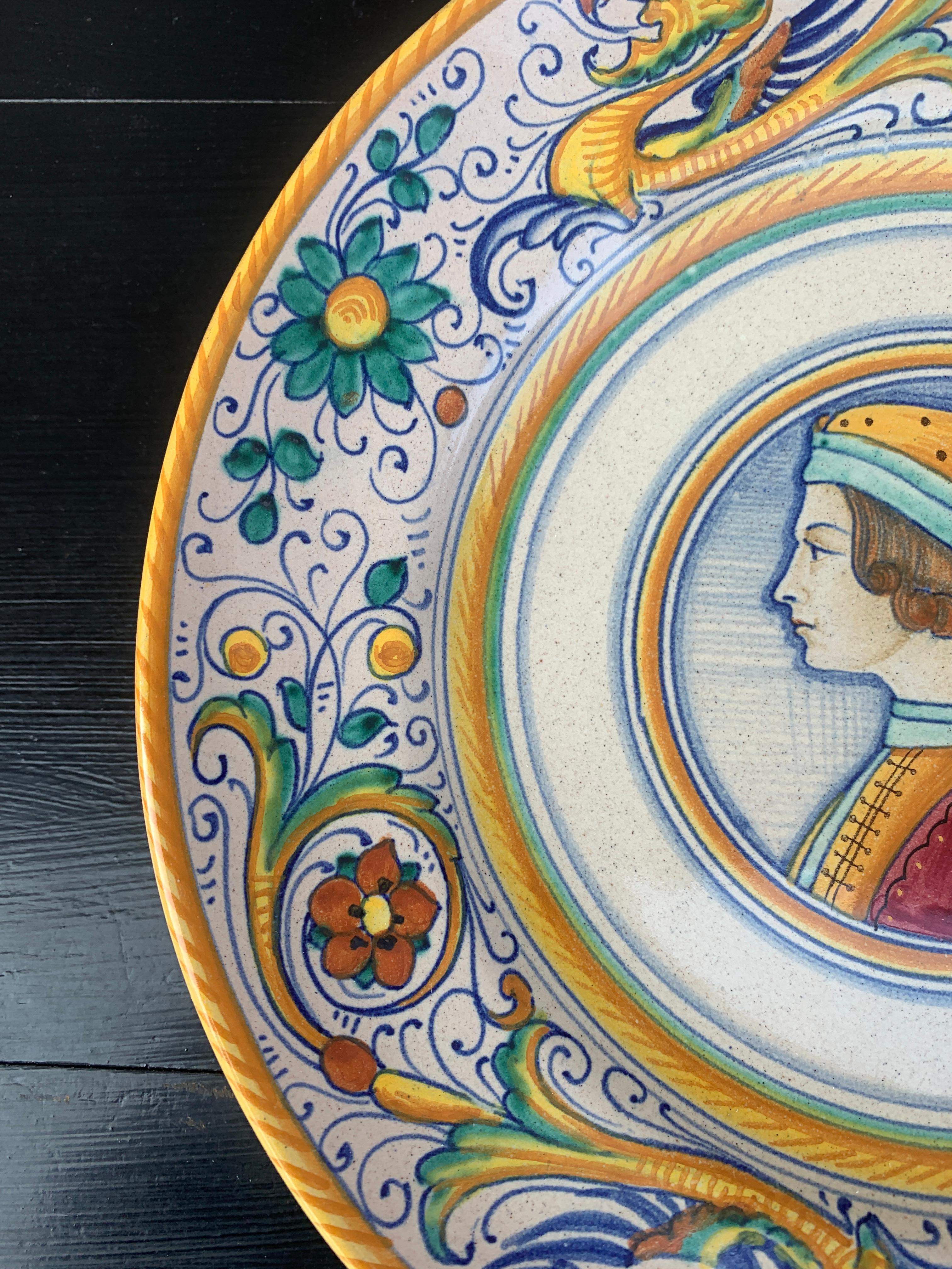 Baroque Italian Provincial Deruta Hand Painted Faience Portrait Pottery Wall Plate For Sale