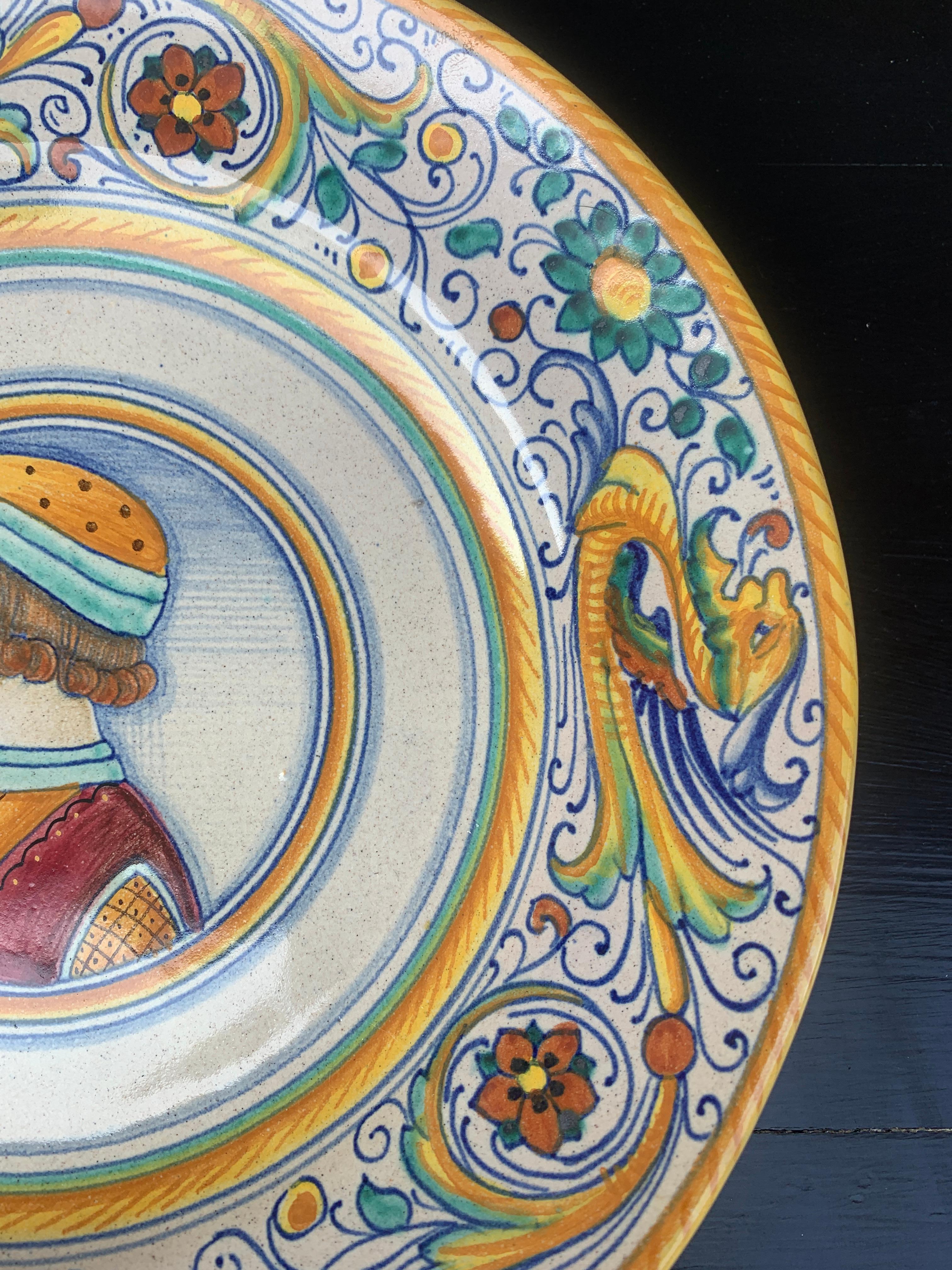 20th Century Italian Provincial Deruta Hand Painted Faience Portrait Pottery Wall Plate For Sale