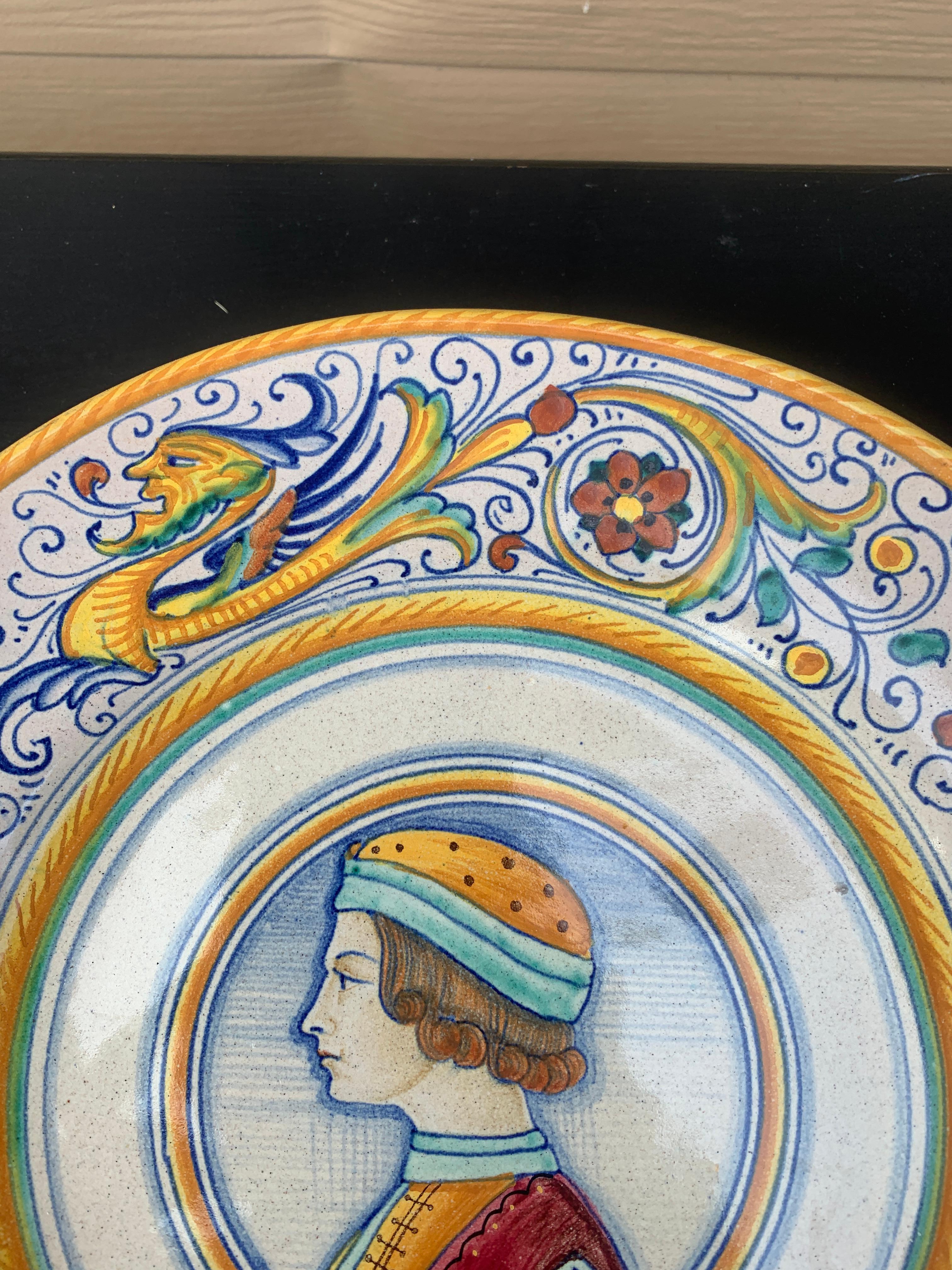 Italian Provincial Deruta Hand Painted Faience Portrait Pottery Wall Plate For Sale 1