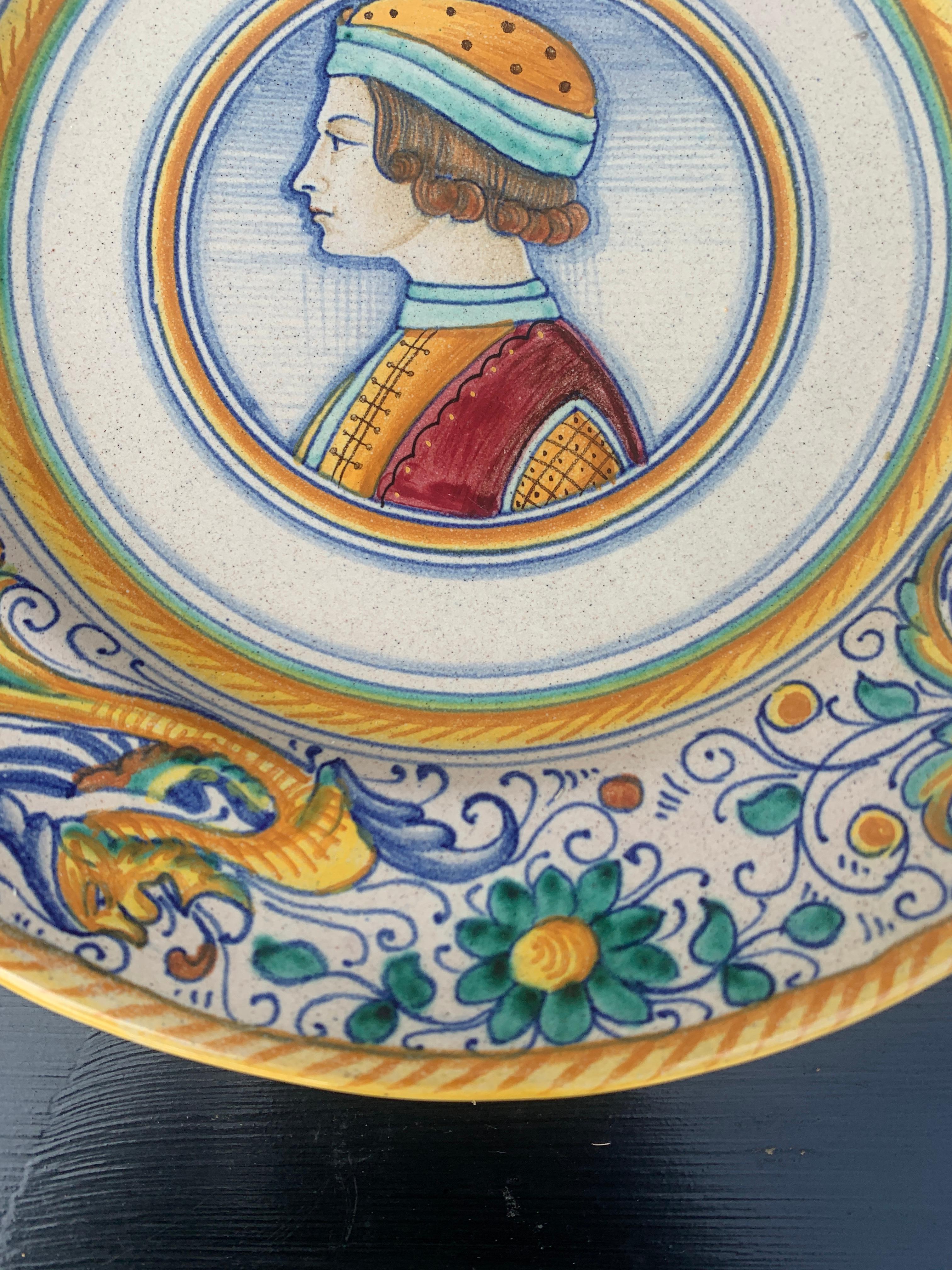 Italian Provincial Deruta Hand Painted Faience Portrait Pottery Wall Plate For Sale 2