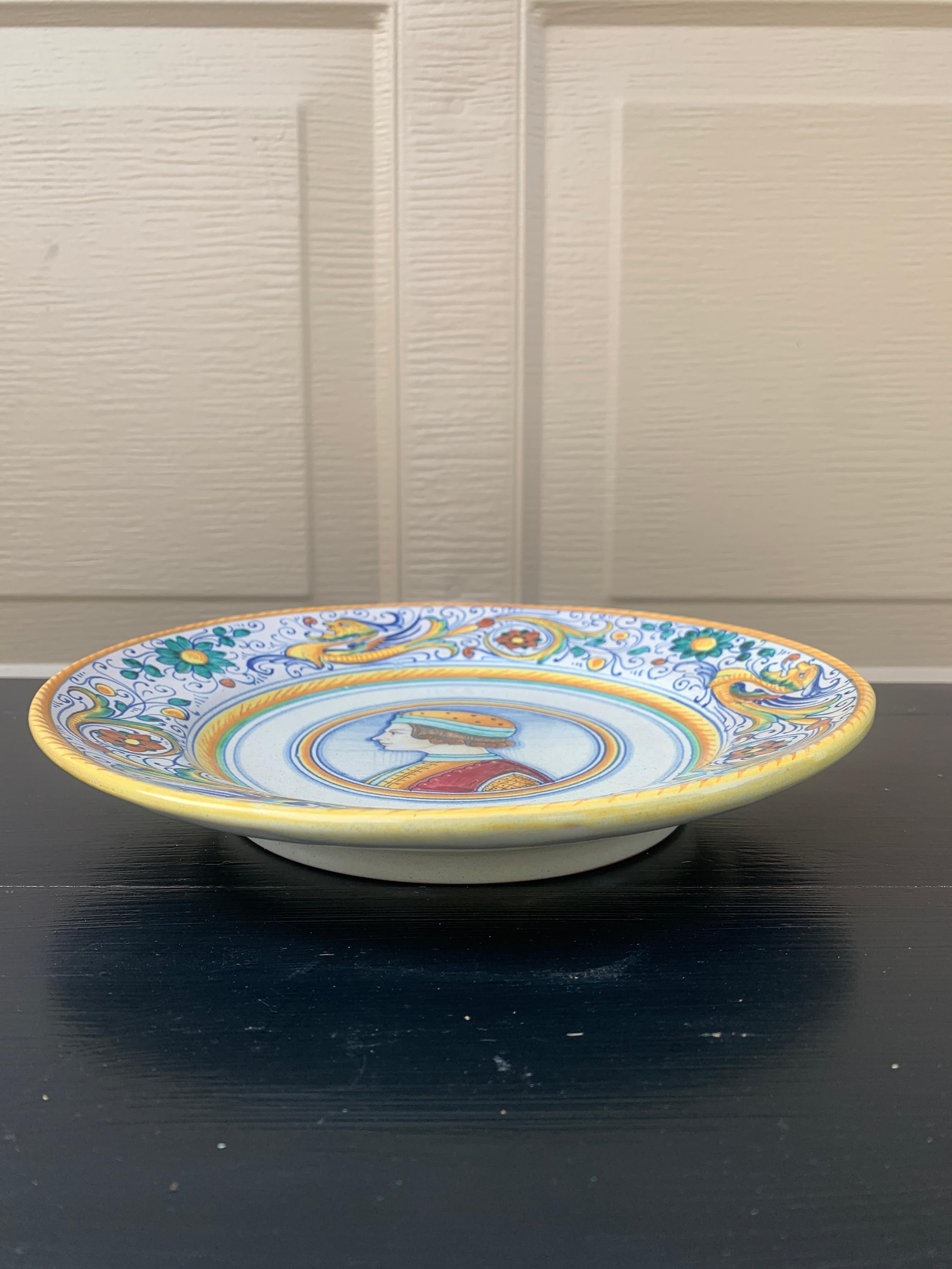 Italian Provincial Deruta Hand Painted Faience Portrait Pottery Wall Plate For Sale 3