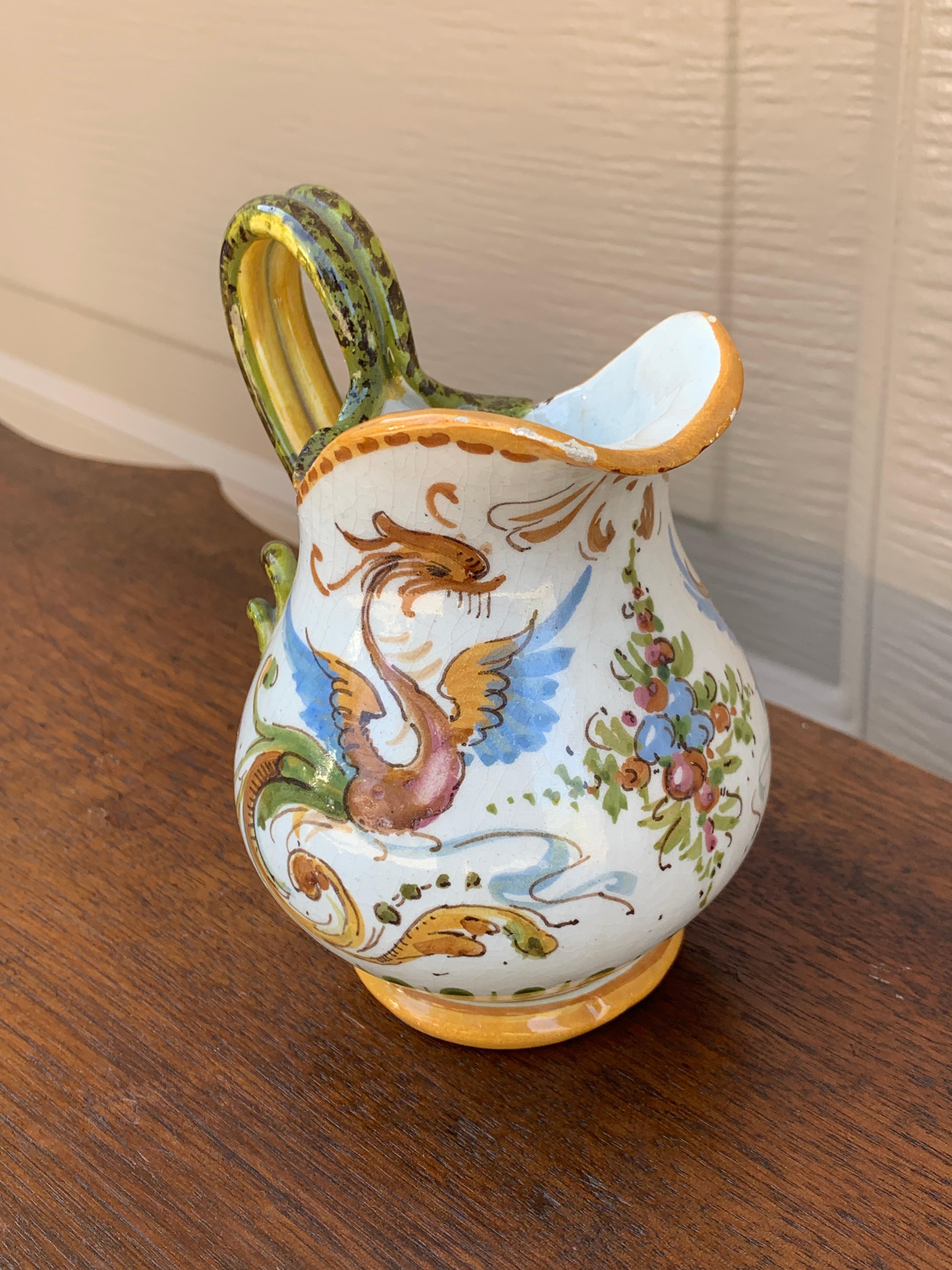 French Provincial Italian Provincial Deruta Hand Painted Faience Pottery Jug For Sale