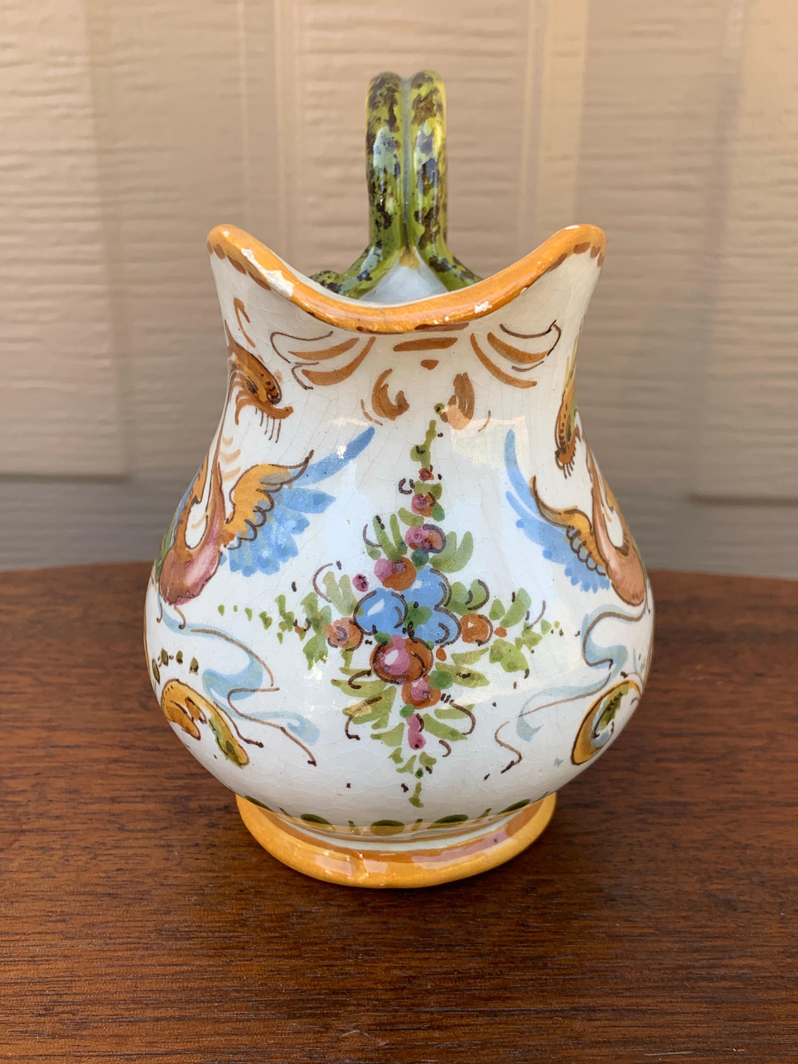 20th Century Italian Provincial Deruta Hand Painted Faience Pottery Jug For Sale