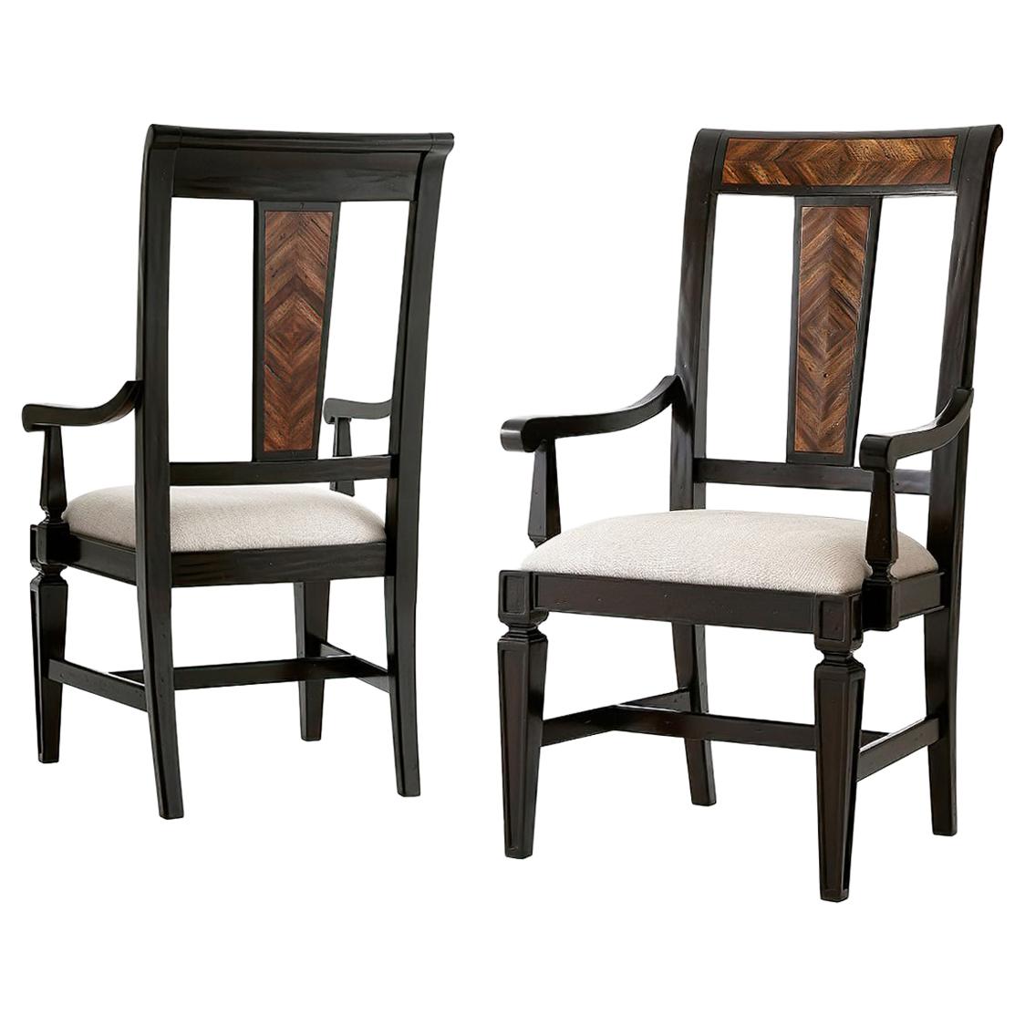 Italian Neo-Classic style provincial dining armchair with mahogany and acacia parquetry, an upholstered seat and raised on square tapered legs with stretchers.
Dimensions: 21