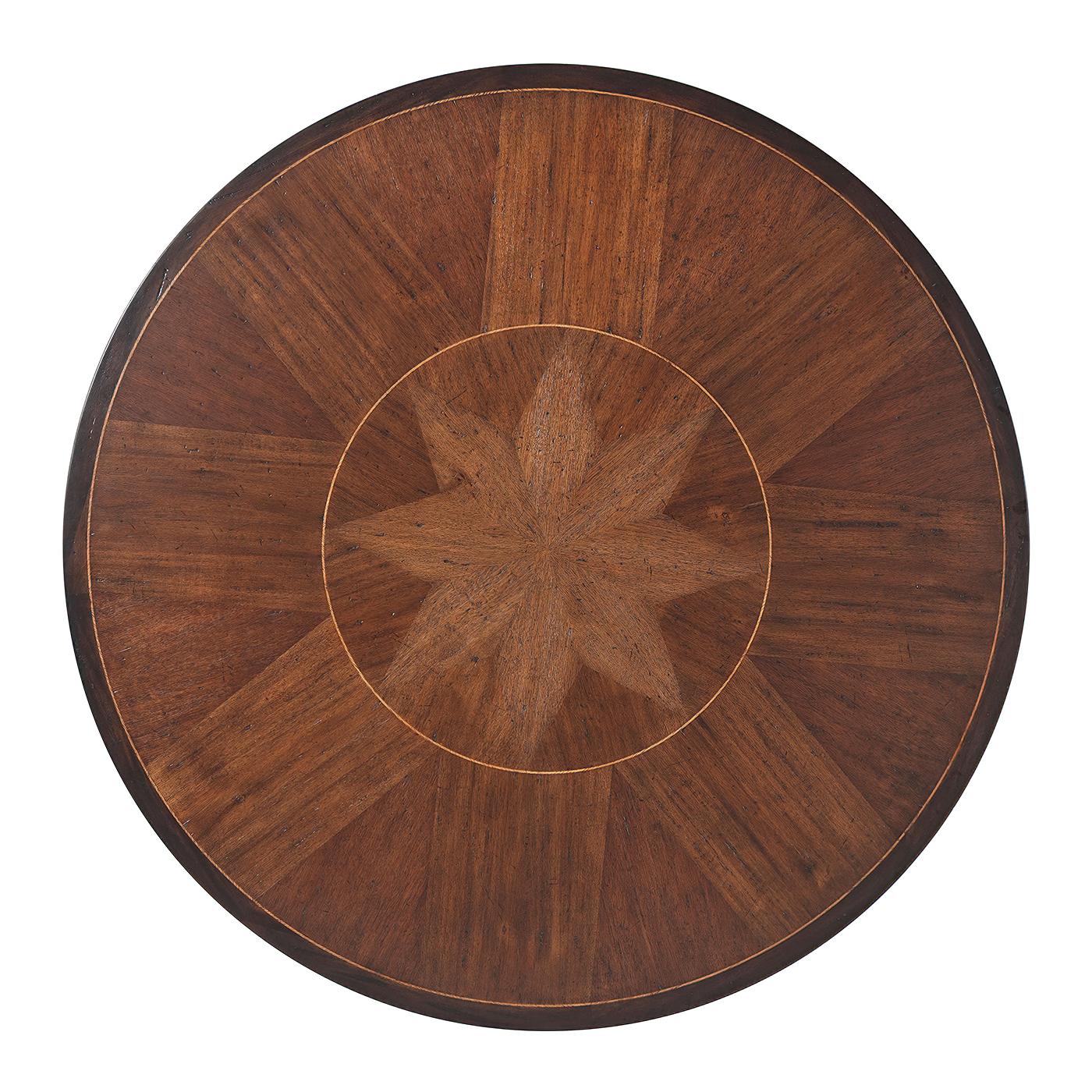 Italian Provincial round dining table with a reeded edge top, mahogany, oak and acacia sunburst parquetry top on a baluster form column pedestal base with outswept legs and accented with roundels.

Dimensions: 48