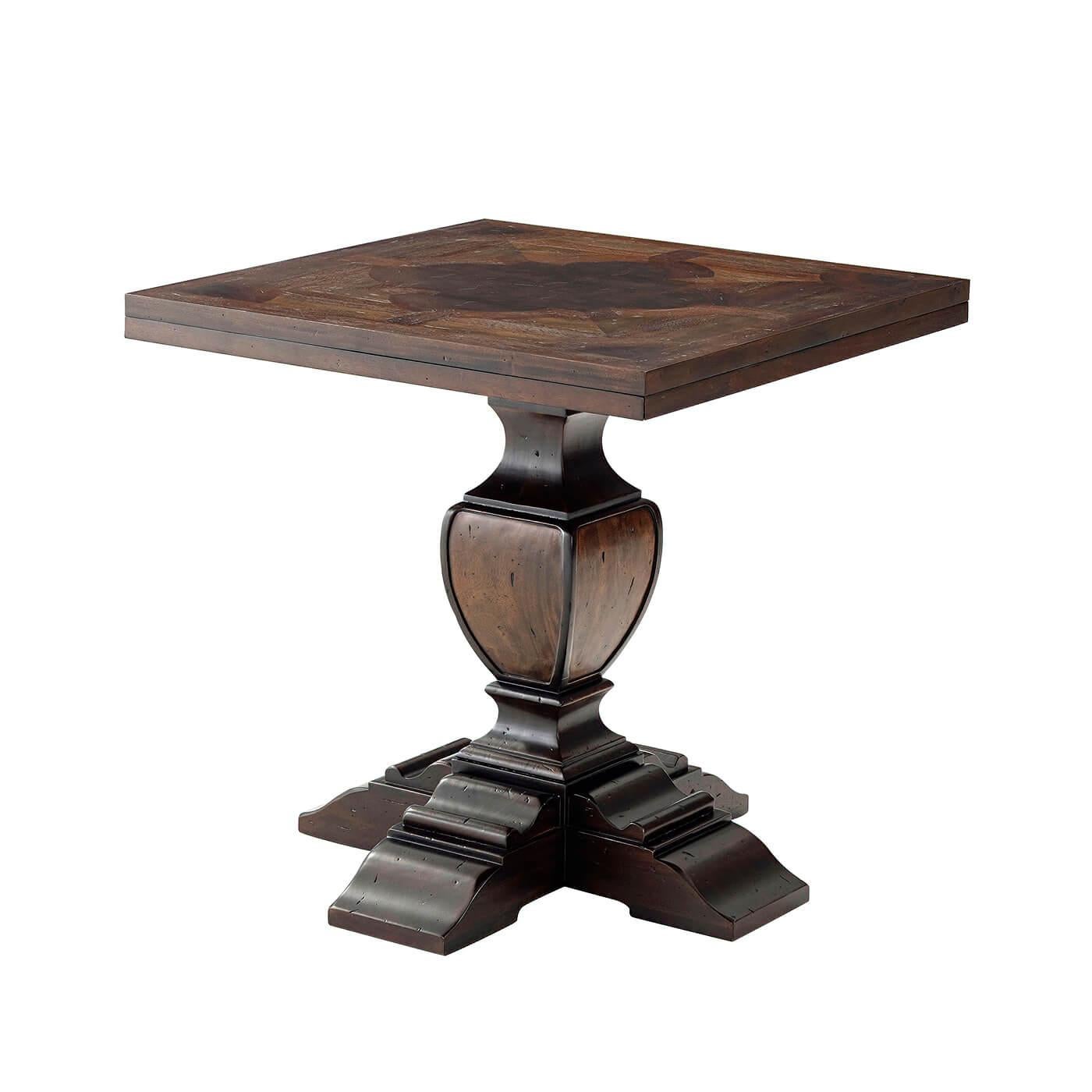 Italian Provincial drop-leaf dining table with chestnut burl, mahogany, oak & acacia parquetry. Extending from square to round with fold under leaves on a square baluster column pedestal base.
Dimensions:
Open - 42