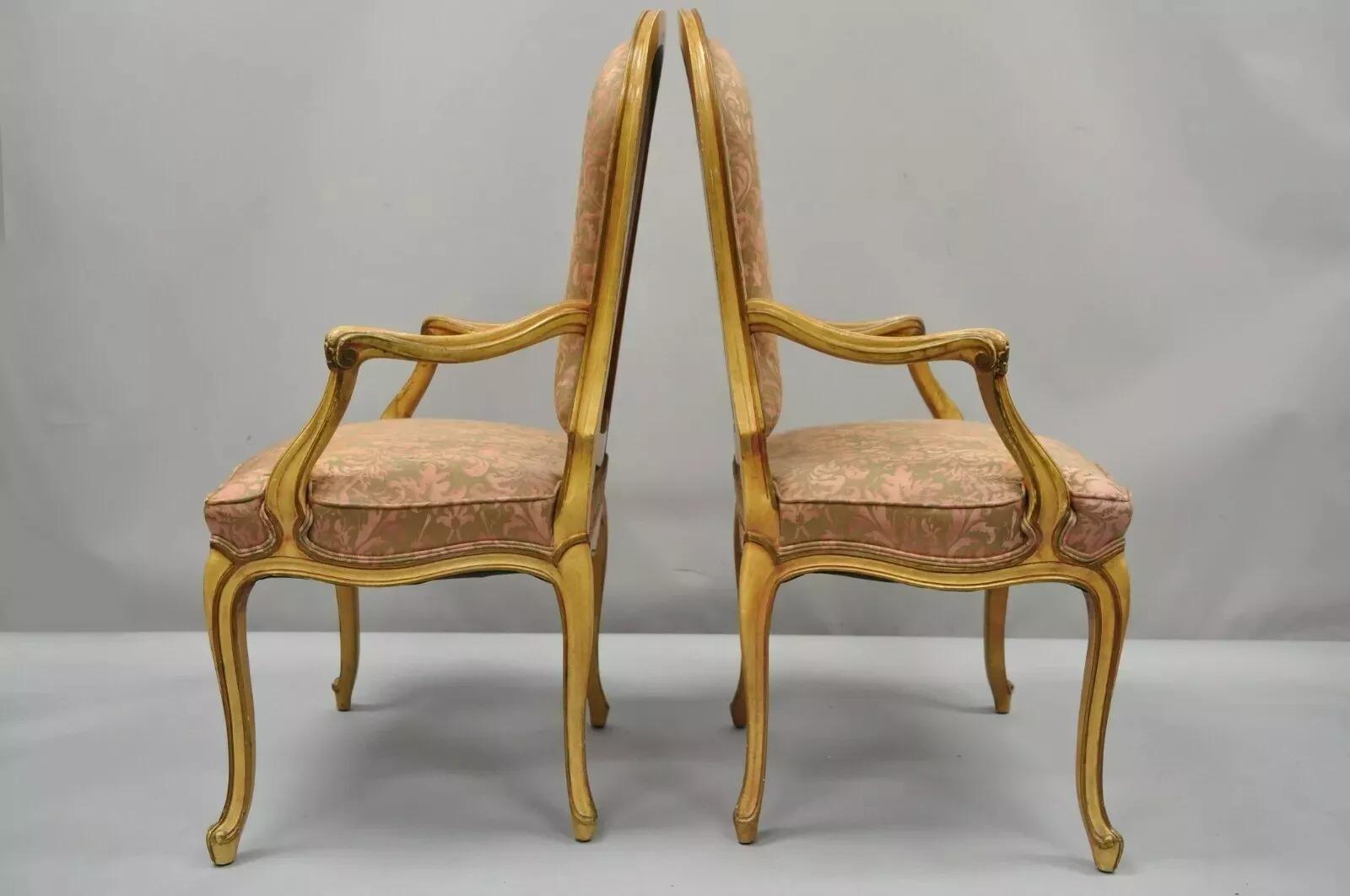 Italian Provincial French Hollywood Regency Upholstered Dining Arm Chairs - Pair For Sale 4