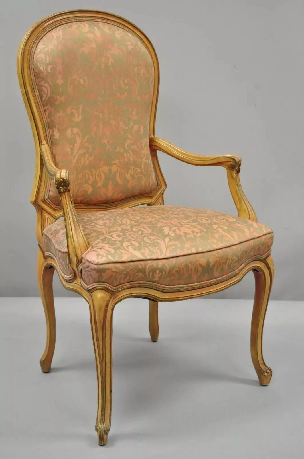 Italian Provincial French Hollywood Regency Upholstered Dining Arm Chairs - Pair For Sale 5