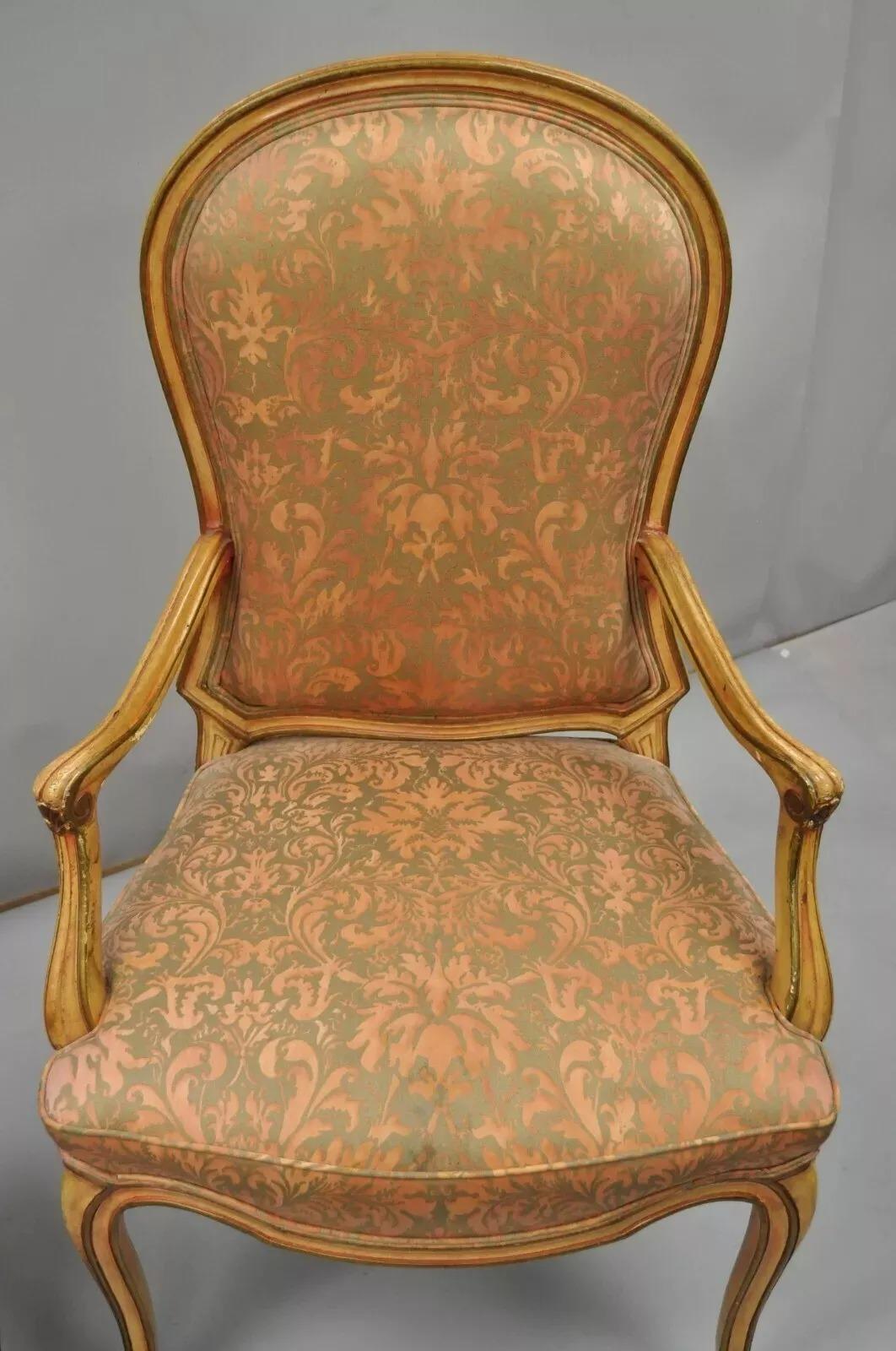 20th Century Italian Provincial French Hollywood Regency Upholstered Dining Arm Chairs - Pair For Sale