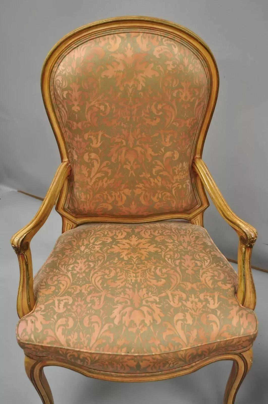 Fabric Italian Provincial French Hollywood Regency Upholstered Dining Arm Chairs - Pair For Sale