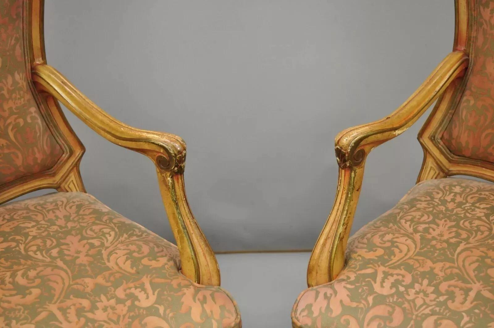 Italian Provincial French Hollywood Regency Upholstered Dining Arm Chairs - Pair For Sale 1