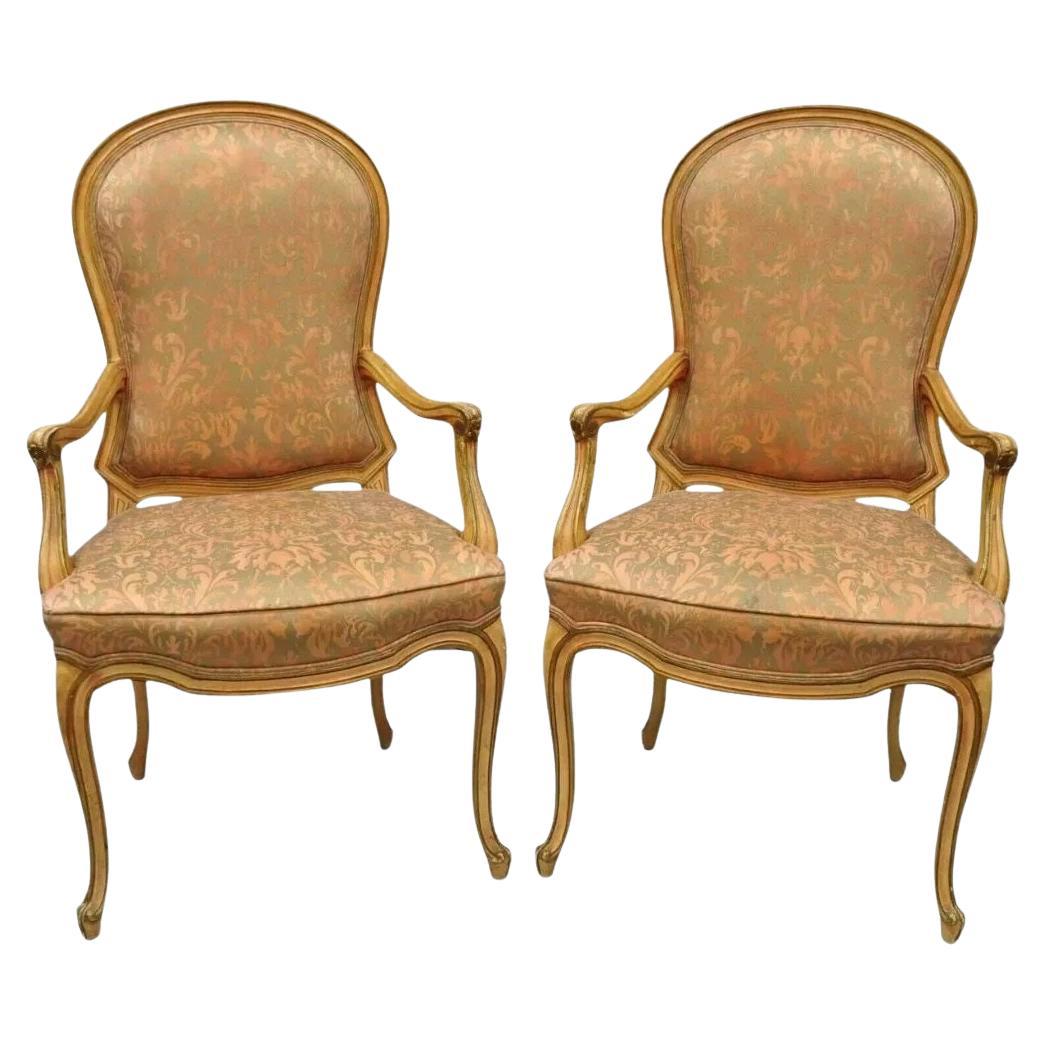 Italian Provincial French Hollywood Regency Upholstered Dining Arm Chairs - Pair For Sale