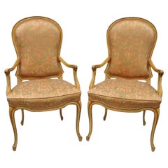 Italian Provincial French Hollywood Regency Upholstered Dining Arm Chairs - Pair