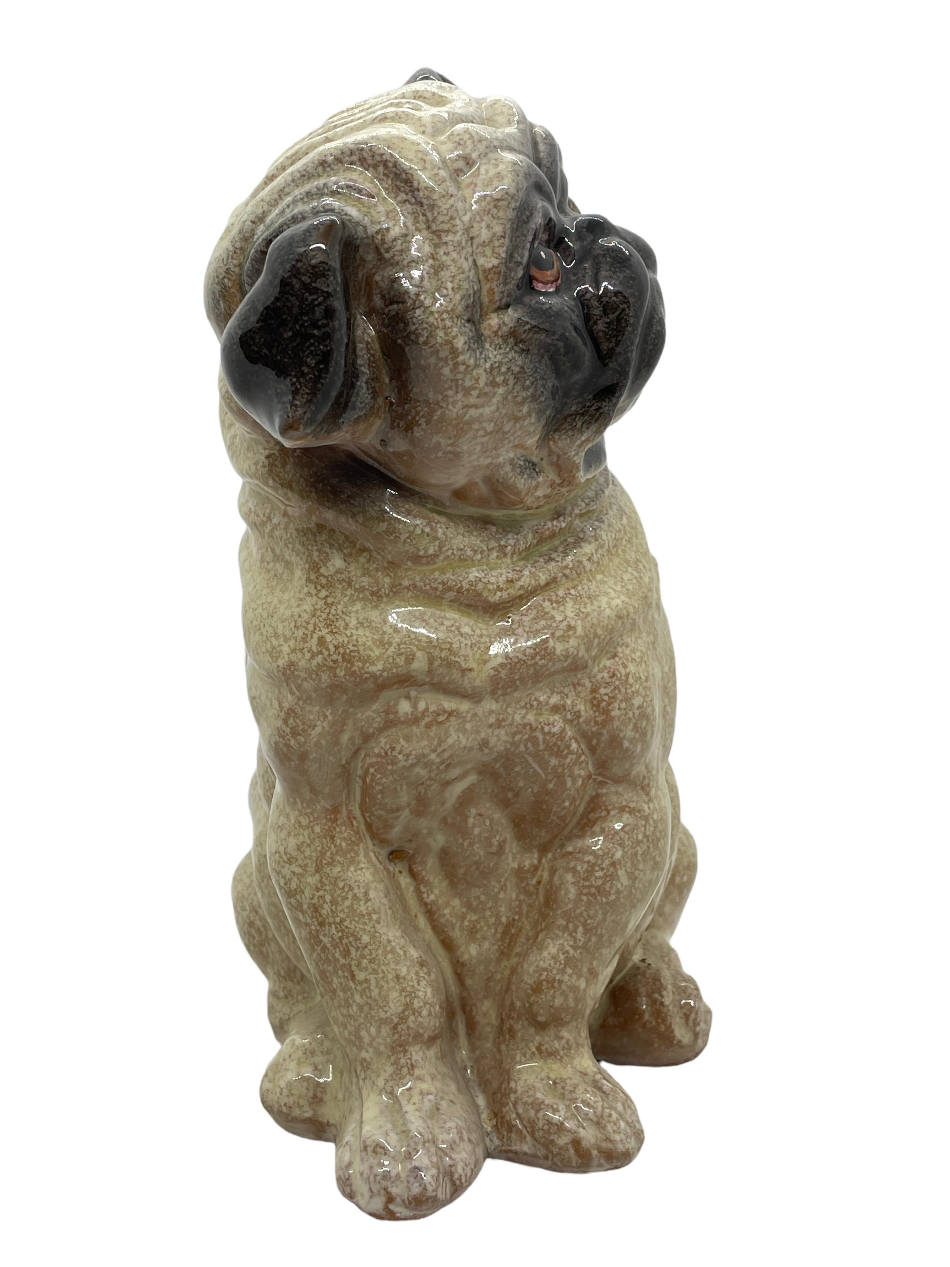 Glazed Italian Pug Dog Ceramic Statue Figurine Vintage, 1980s For Sale