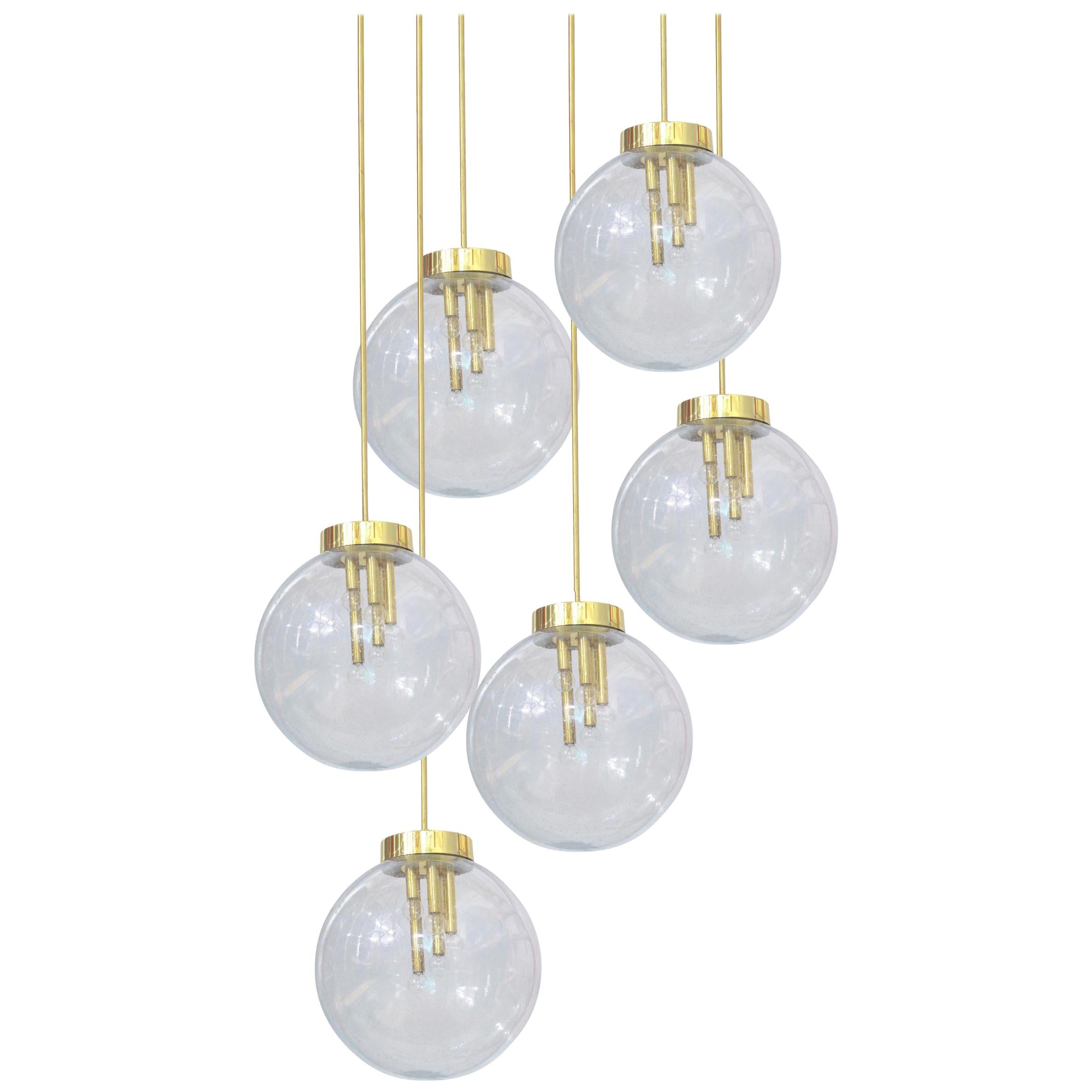 Italian Pulegoso Glass and Brass Chandeliers, Six Available