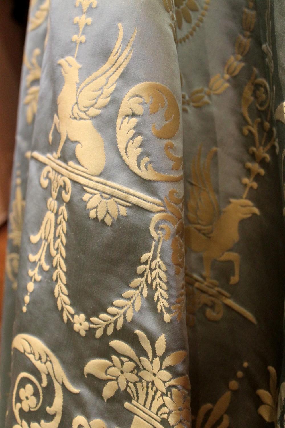 Italian Pure Silk Damask Fabric in Light Blue and Gold with Neoclassical Design 2