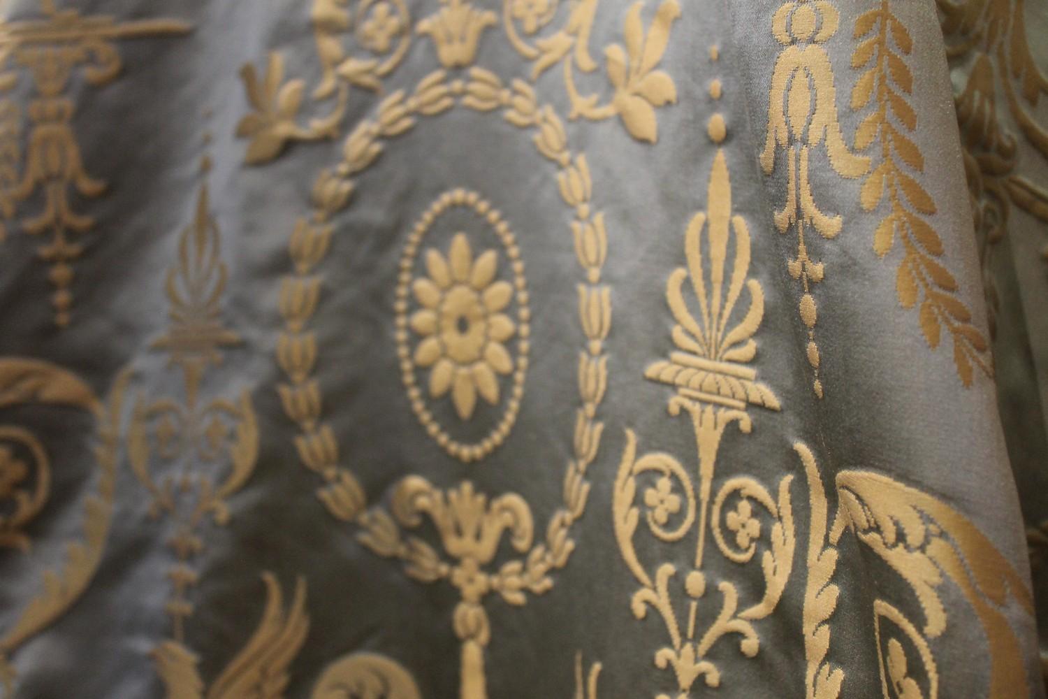 Italian Pure Silk Damask Fabric in Light Blue and Gold with Neoclassical Design 3
