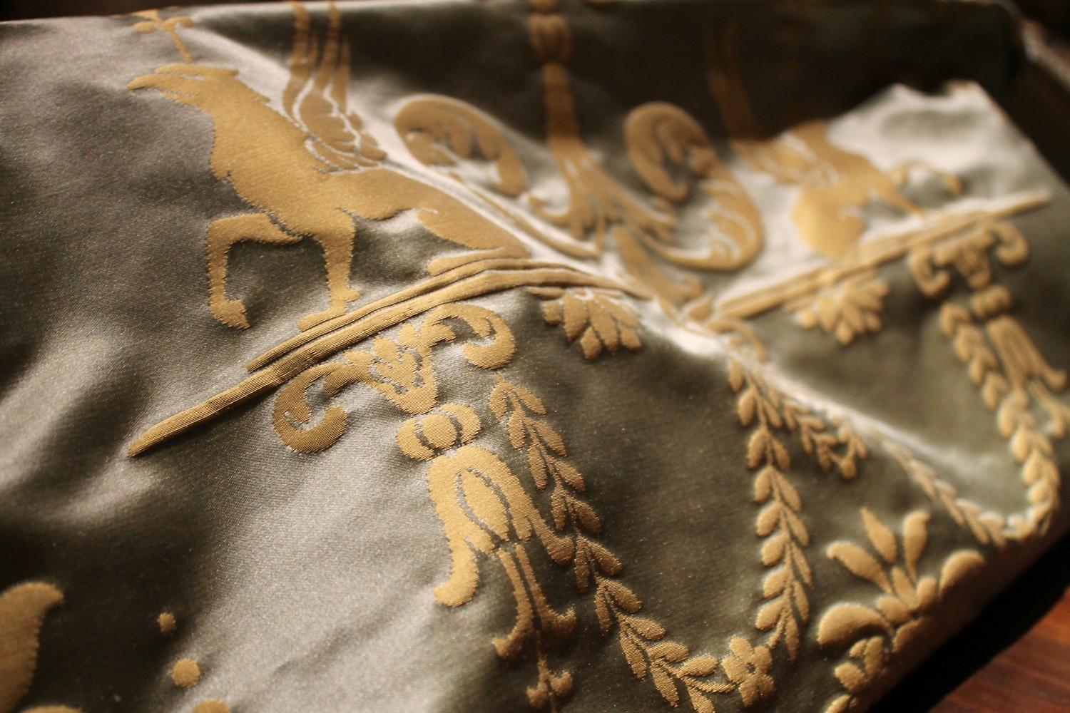 Italian Pure Silk Damask Fabric in Light Blue and Gold with Neoclassical Design 4