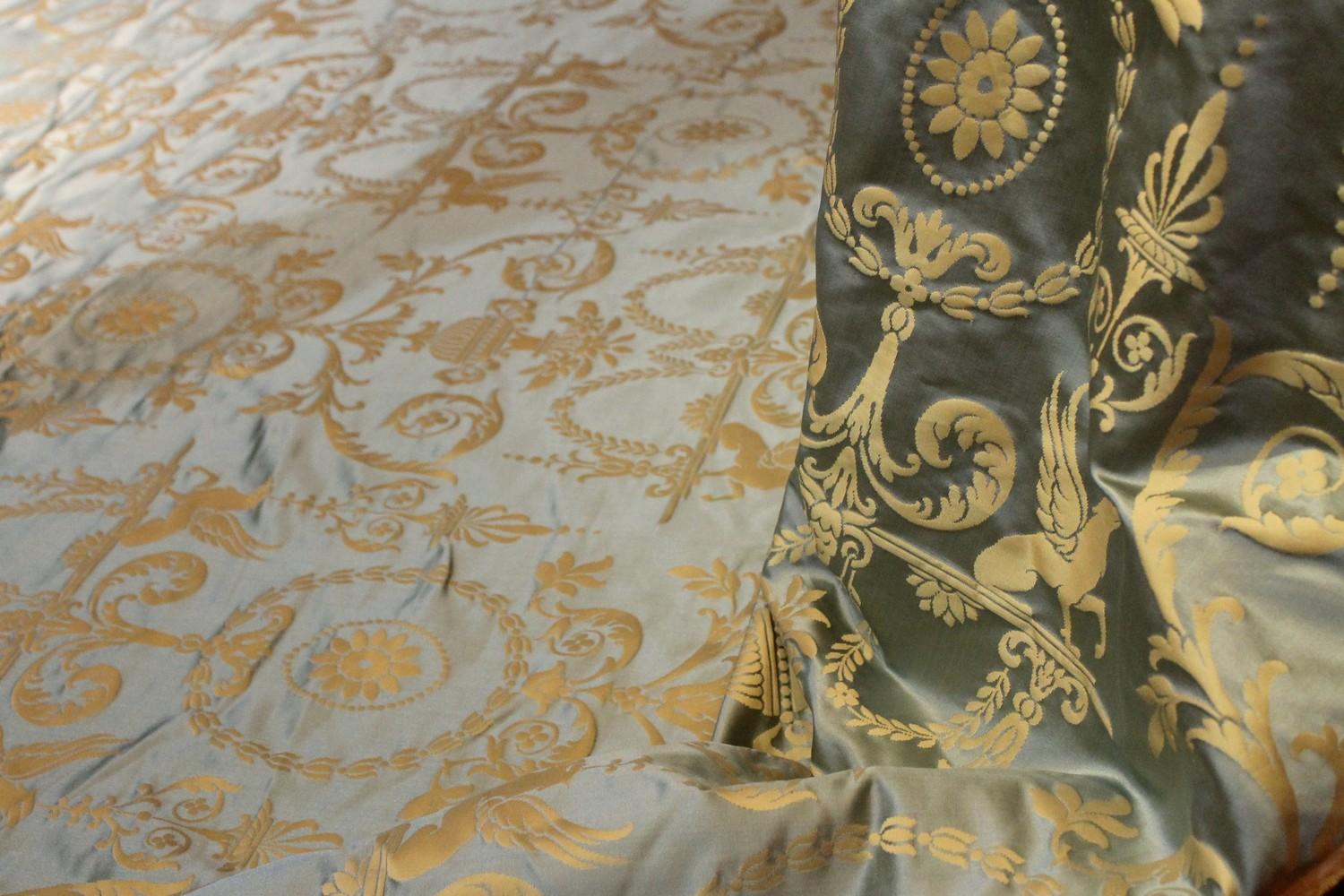 Italian Pure Silk Damask Fabric in Light Blue and Gold with Neoclassical Design 5