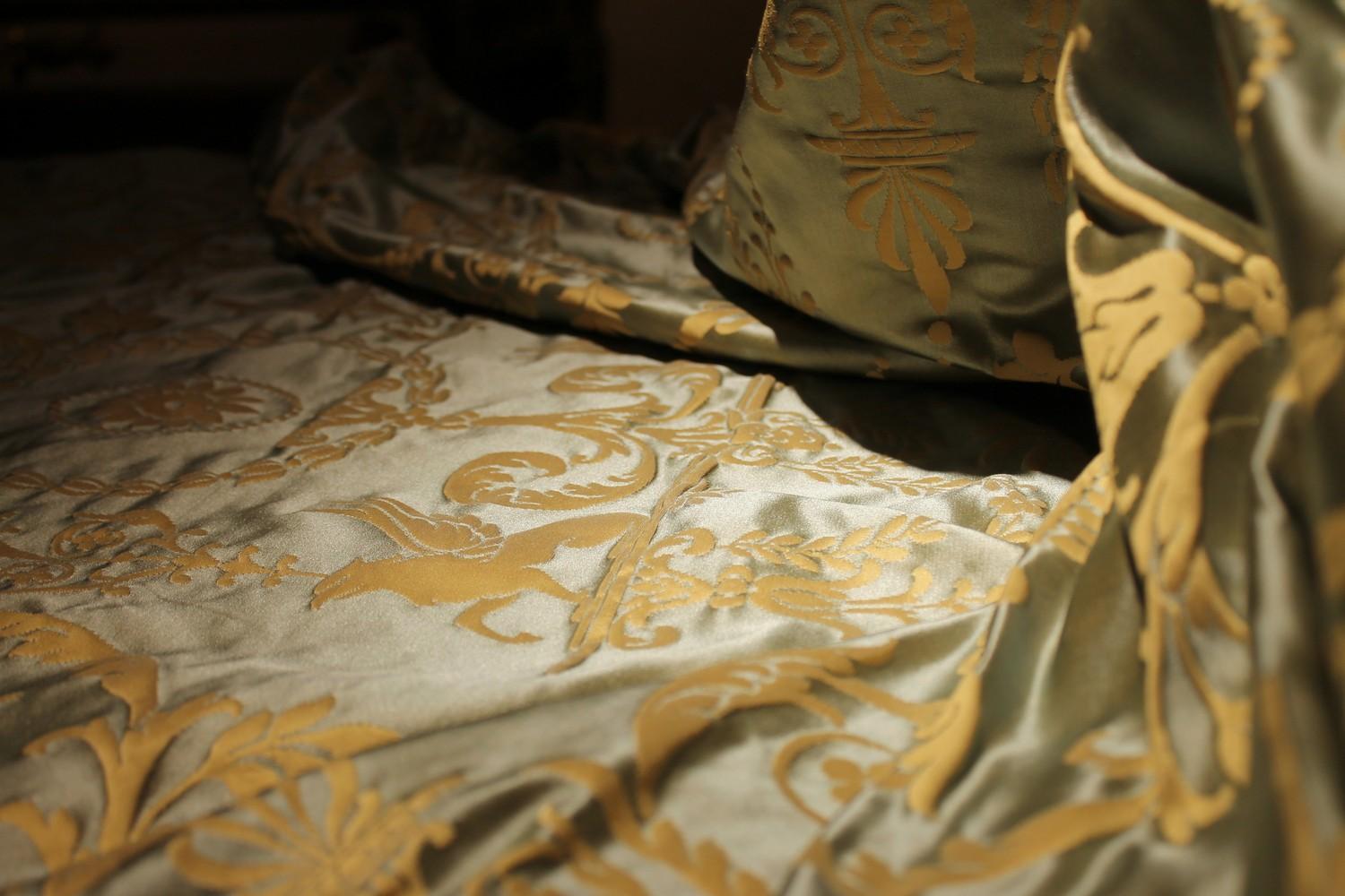 Italian Pure Silk Damask Fabric in Light Blue and Gold with Neoclassical Design 7