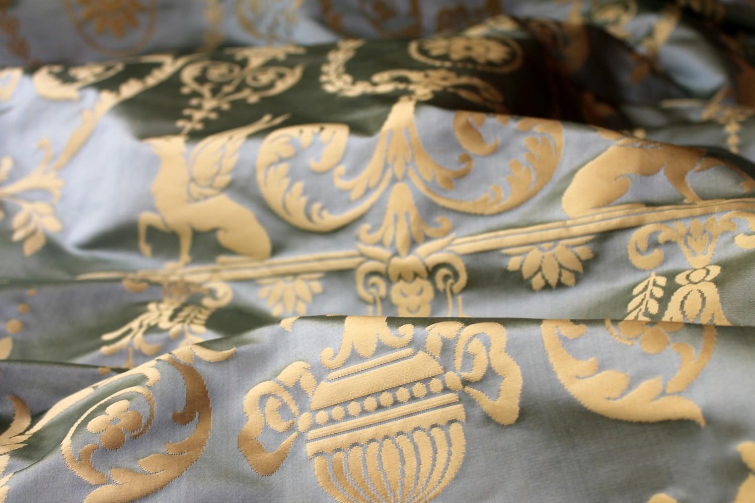 Italian Pure Silk Damask Fabric in Light Blue and Gold with Neoclassical Design 10