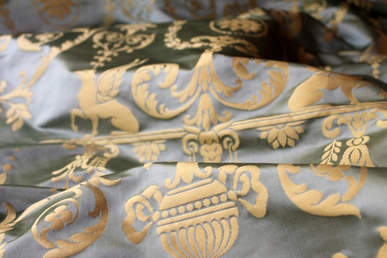 Italian Pure Silk Damask Fabric in Light Blue and Gold with