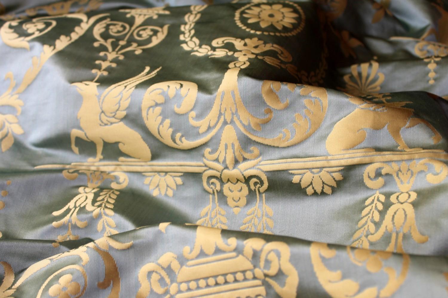 Italian Pure Silk Damask Fabric in Light Blue and Gold with Neoclassical Design 11