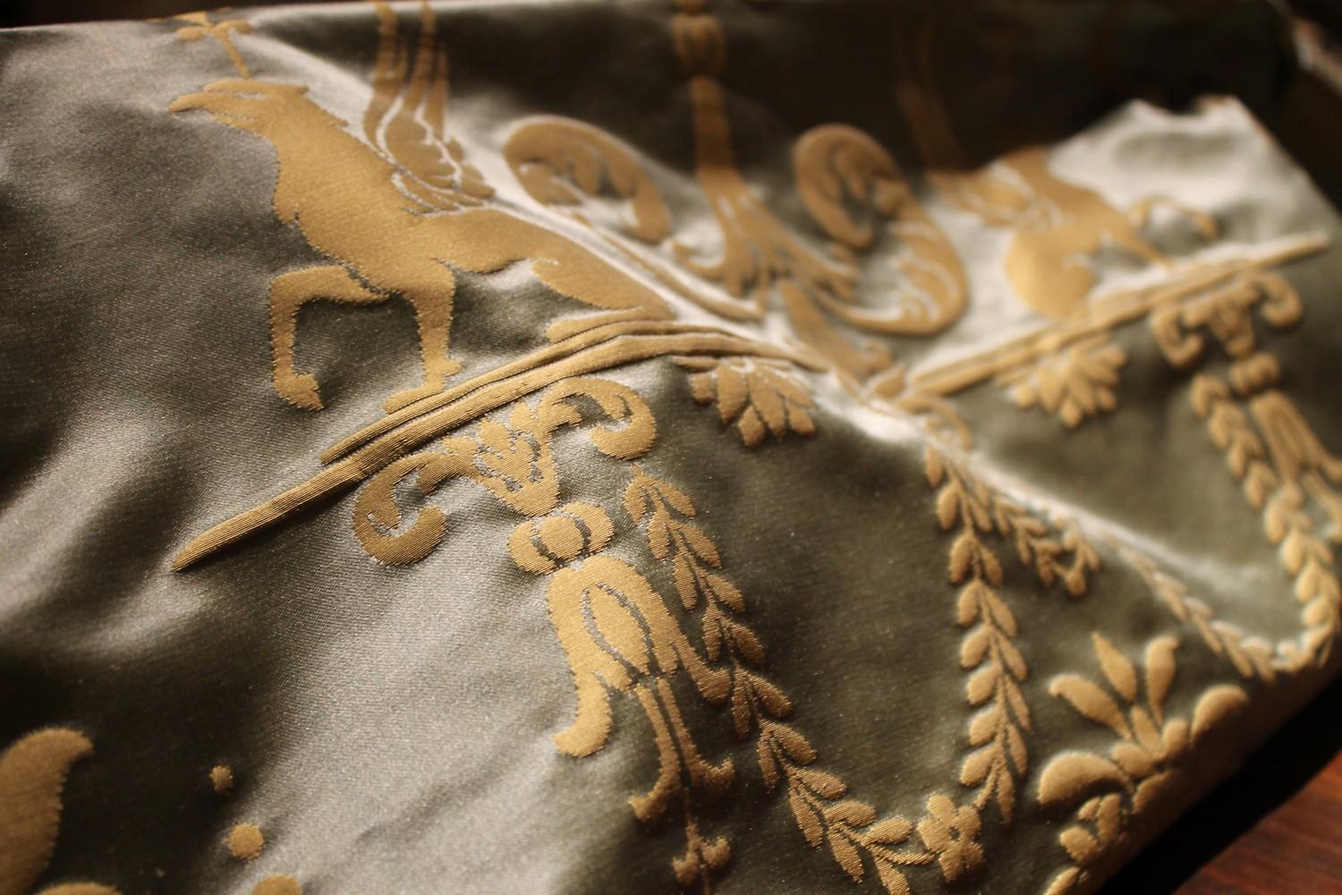 Woven Italian Pure Silk Damask Fabric in Light Blue and Gold with Neoclassical Design