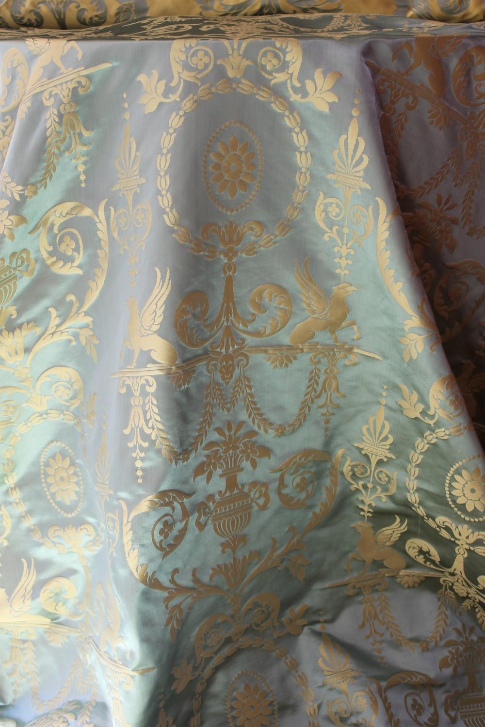 20th Century Italian Pure Silk Damask Fabric in Light Blue and Gold with Neoclassical Design