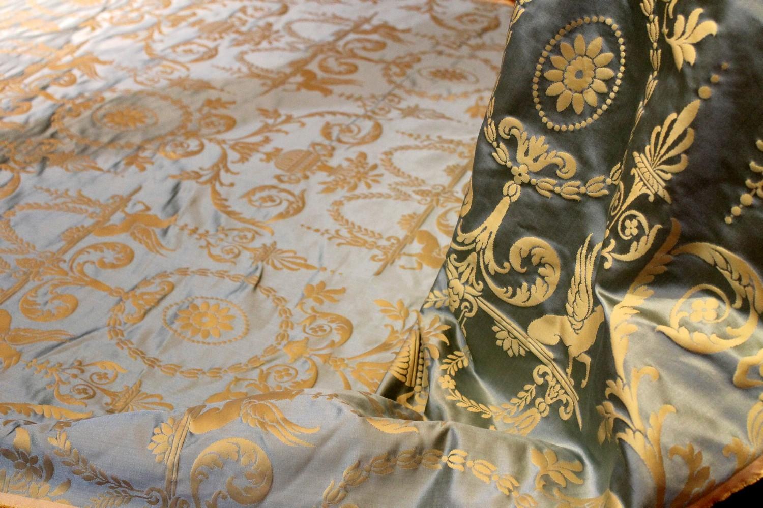 Italian Pure Silk Damask Fabric in Light Blue and Gold with Neoclassical Design 1
