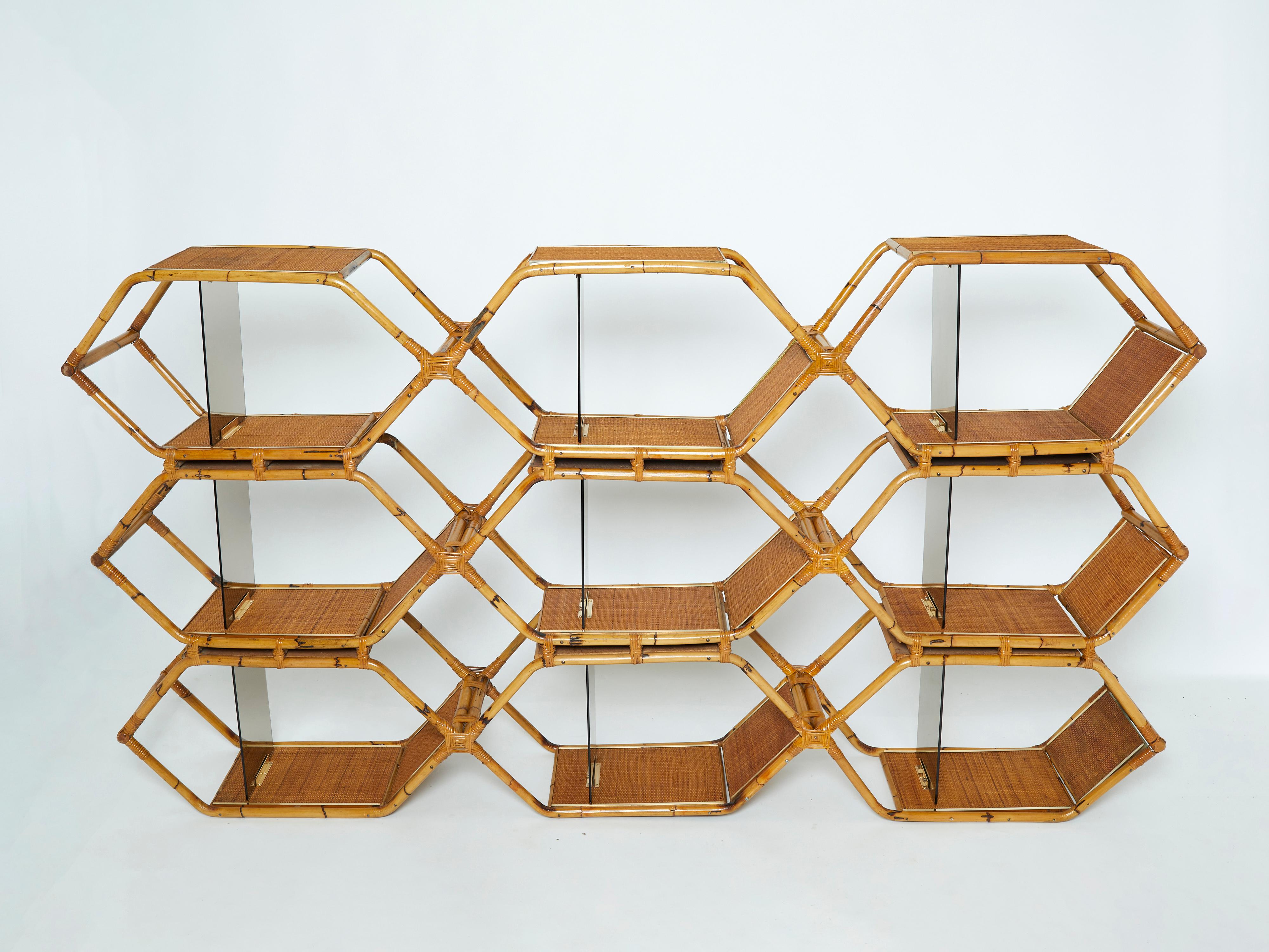 Italian Purini and Mariani Bamboo Brass Shelves Étagère for Vivai del Sud 1976 For Sale 1