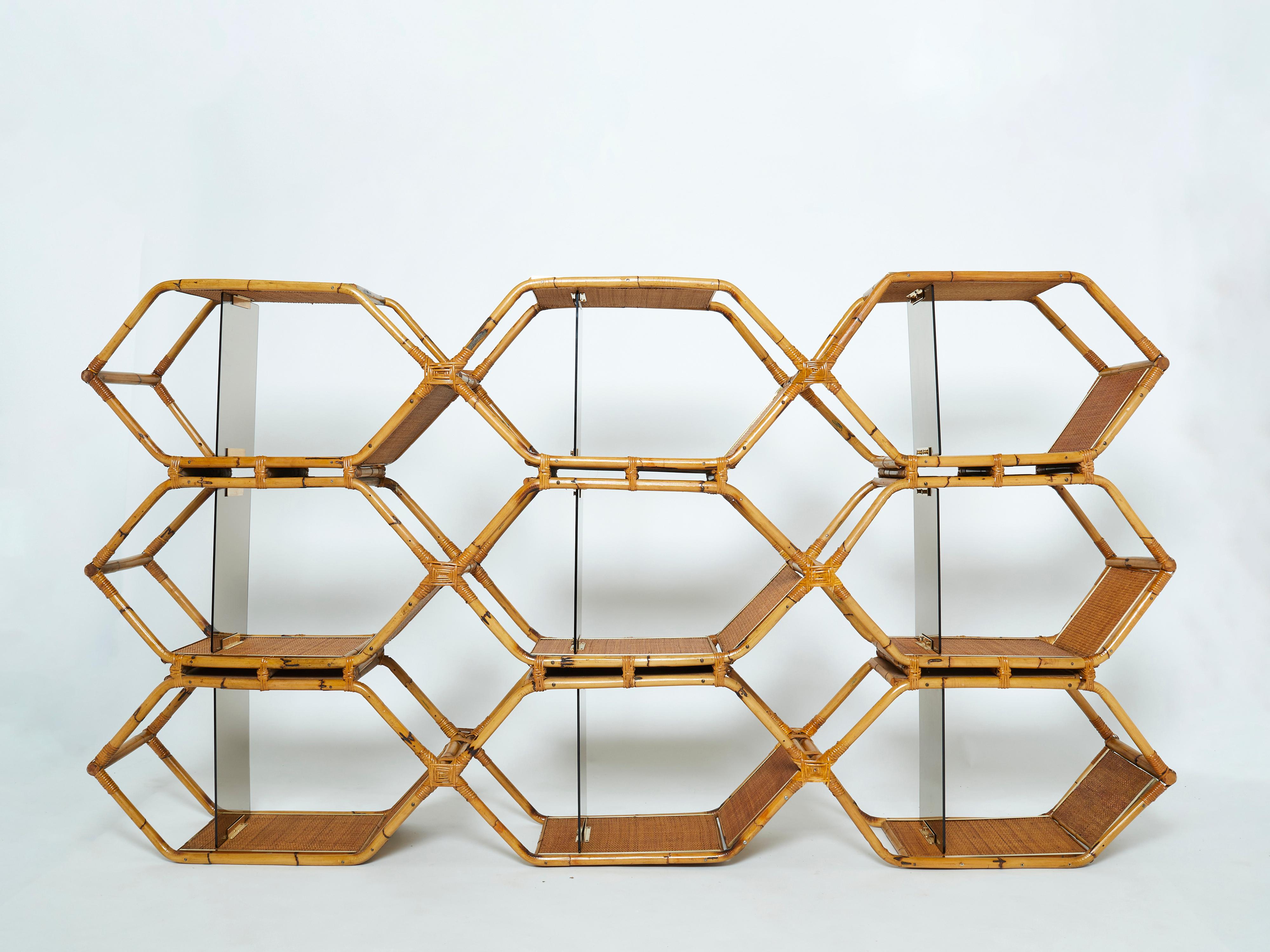 Italian Purini and Mariani Bamboo Brass Shelves Étagère for Vivai del Sud 1976 For Sale 2