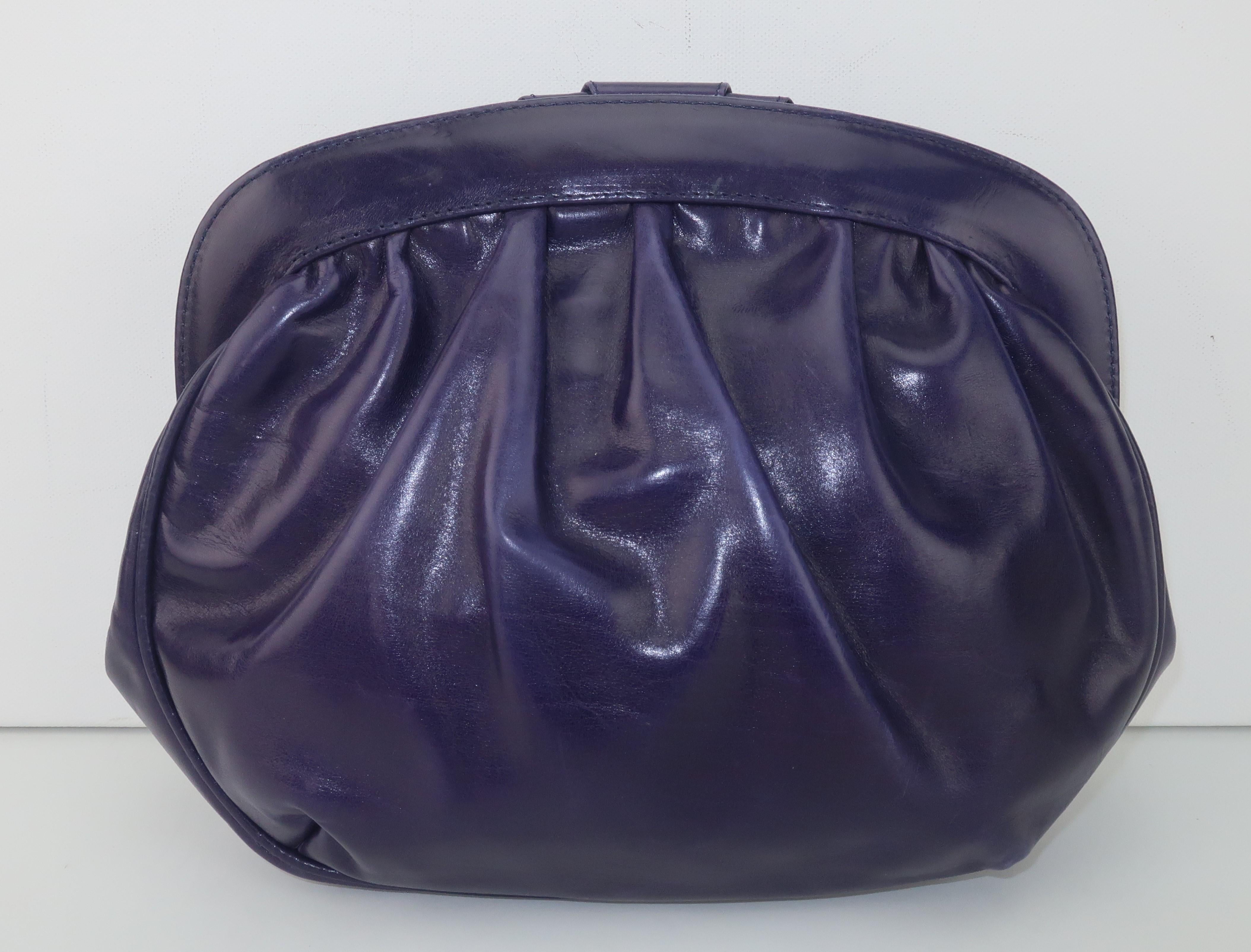 Black Italian Purple Leather Shoulder Strap Handbag, 1980's