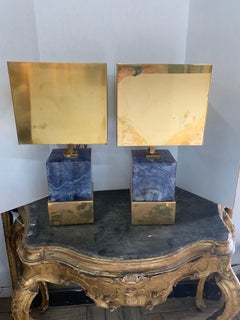 Italian Purple Resin and Brass Block Lamps with Brass Shades
