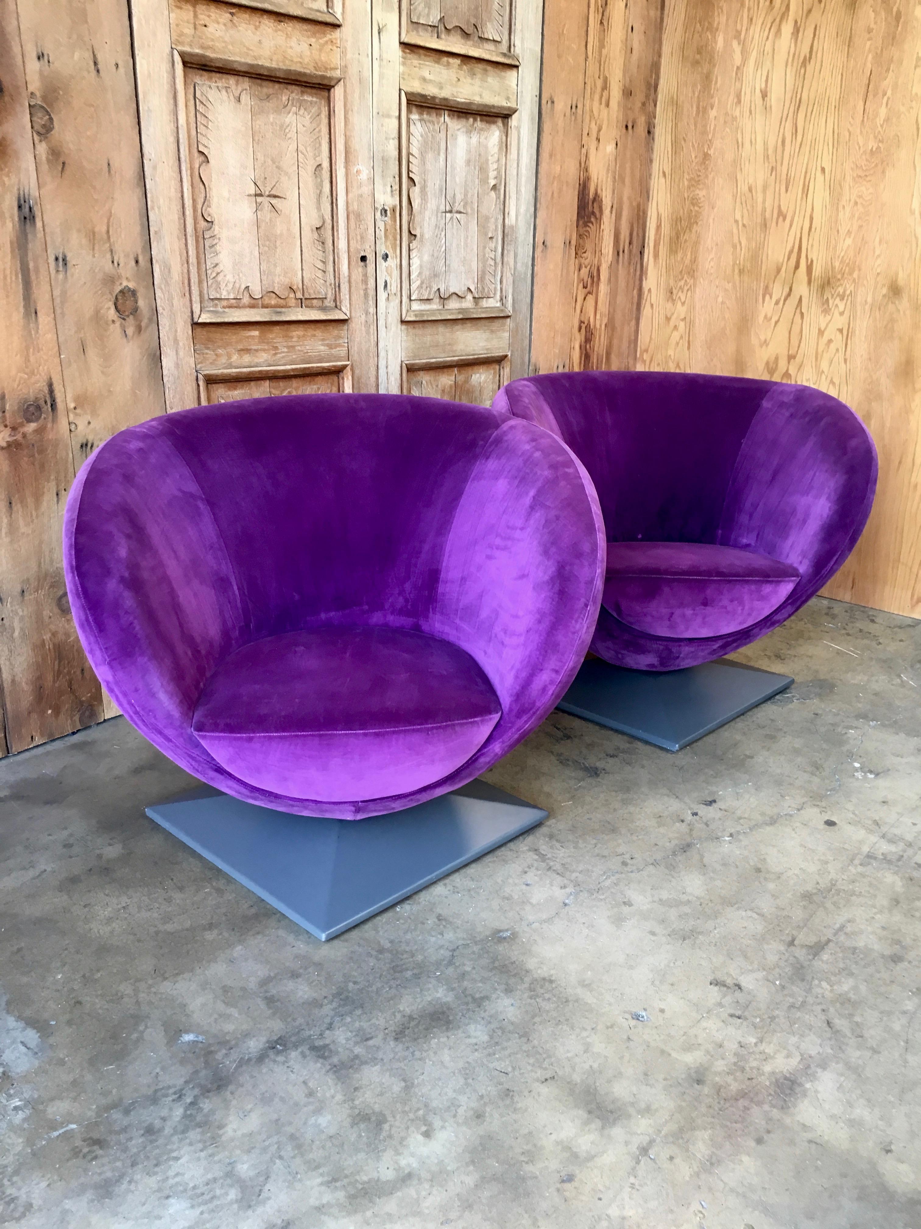 Italian Purple Velvet Swivel Lounge Chairs 3