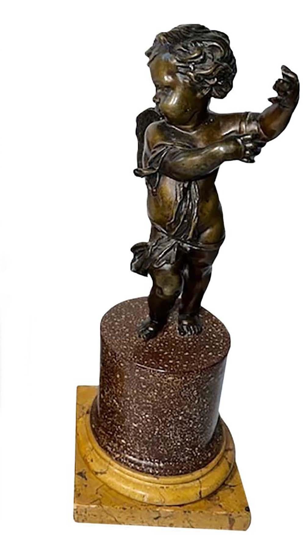 Italian Putti Bronzes on Marble Column Plinths, a Pair In Good Condition For Sale In Dallas, TX