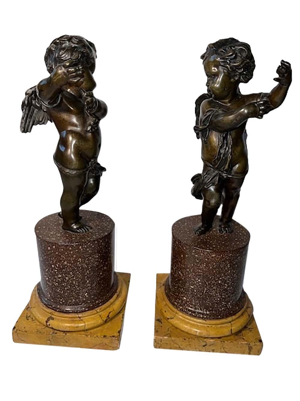 Italian Putti Bronzes on Marble Column Plinths, a Pair For Sale 1