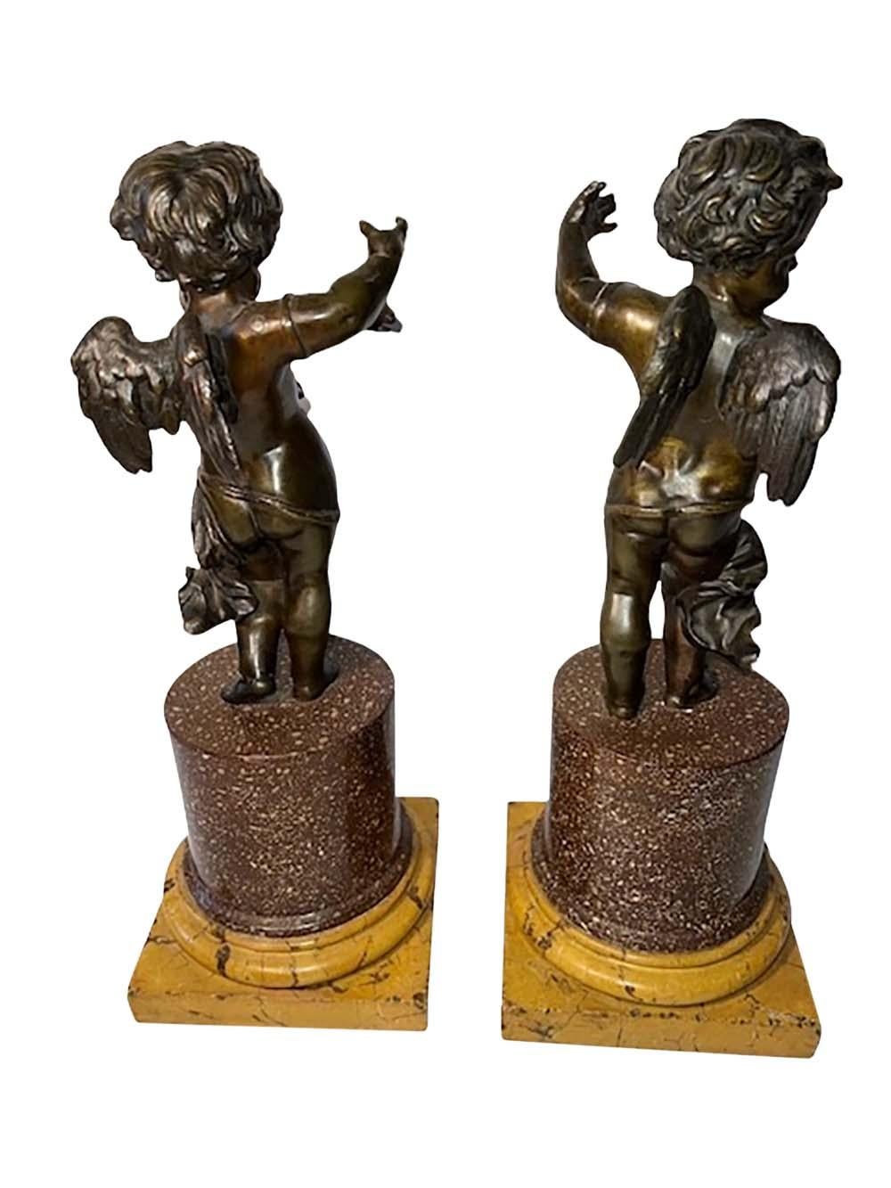 Italian Putti Bronzes on Marble Column Plinths, a Pair For Sale 2