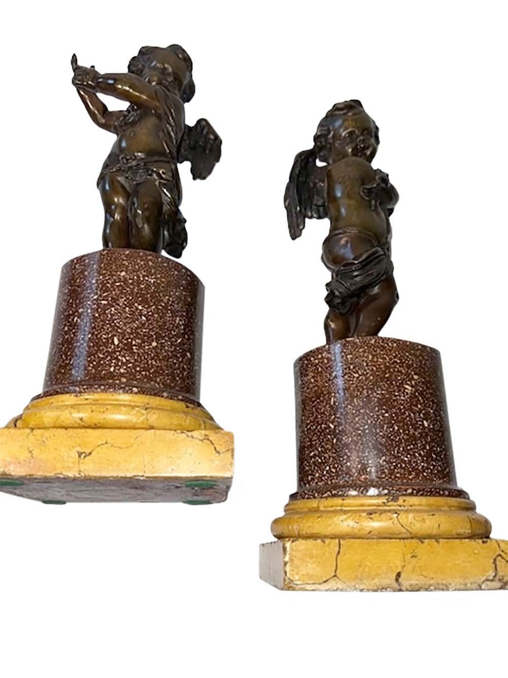 Italian Putti Bronzes on Marble Column Plinths, a Pair For Sale 5