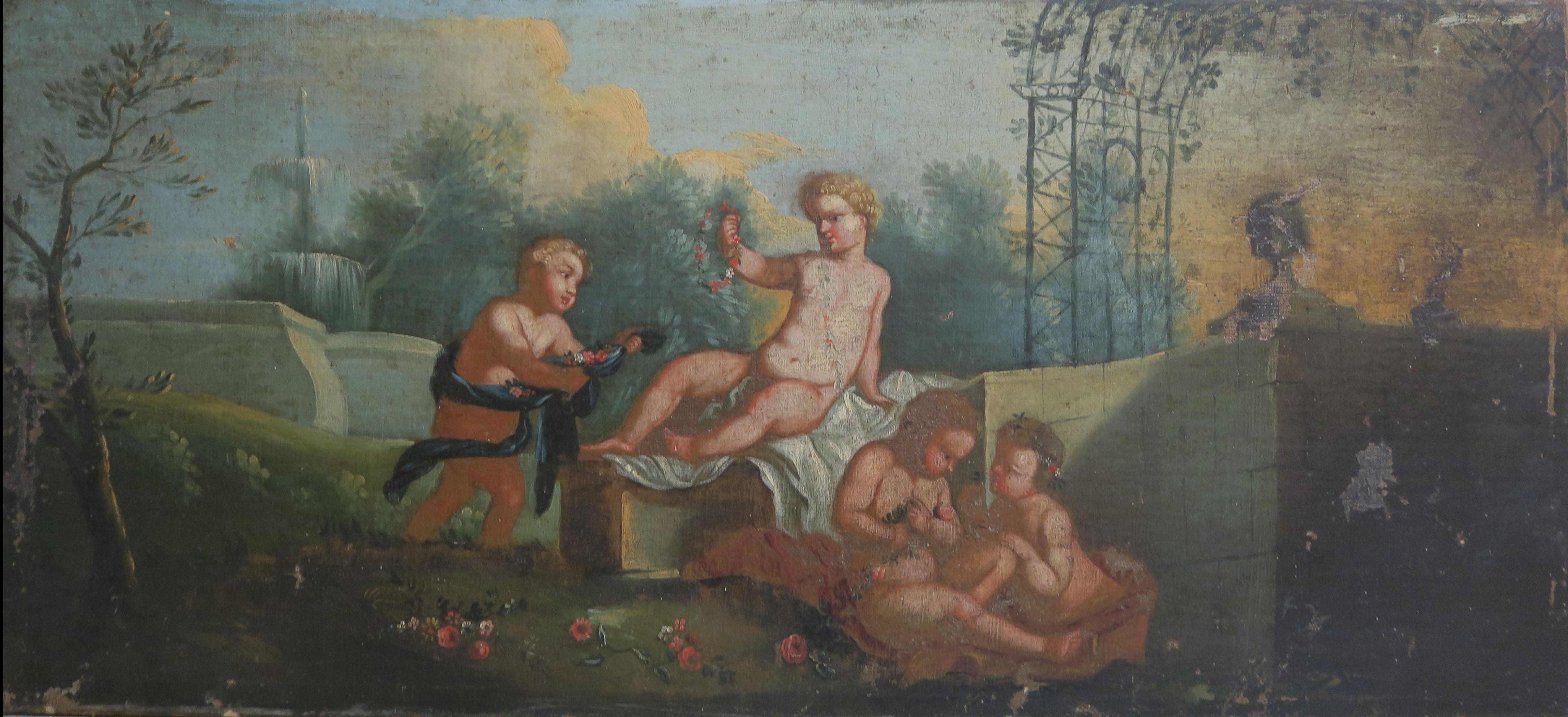 Charming oil on canvas depicting a scene with puttis frolicking in a garden setting. The painting needs slight restoration as depicted in photos. The painting has a beautiful giltwood frame that surrounds it.