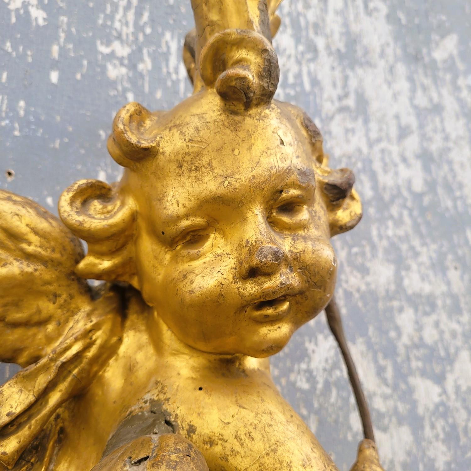 Baroque Italian Putto Carved In Gilded Wood, Italy, 18th Century For Sale