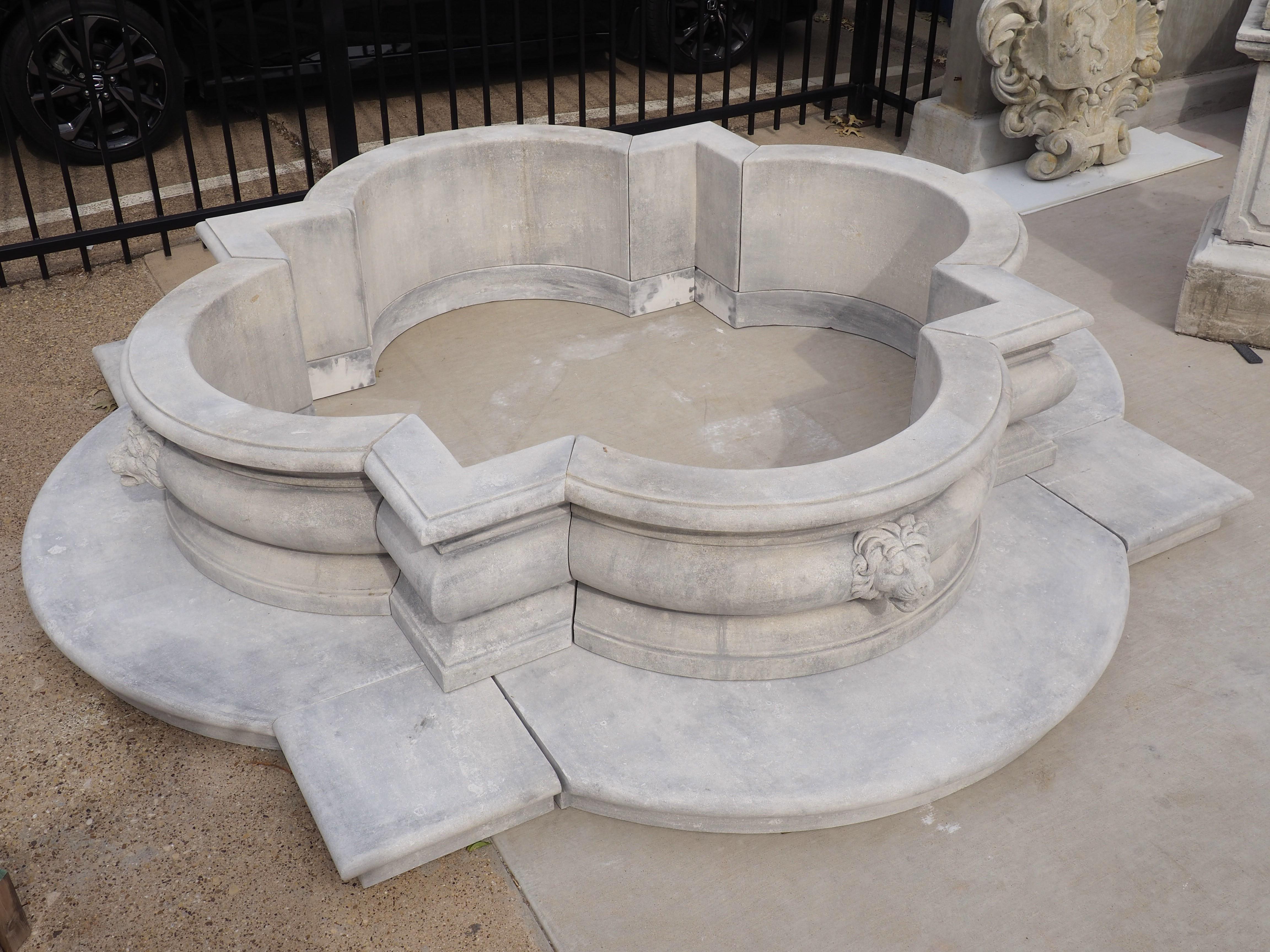 Italian Quadrilobe Fountain Basin with Lion Mascarons in Carved Limestone 13